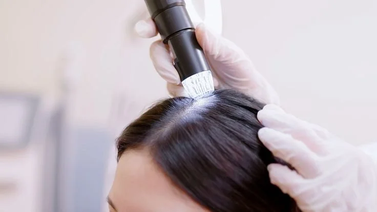 Scalp analysis using magnifying device during hair restoration consultation in Ottawa clinic