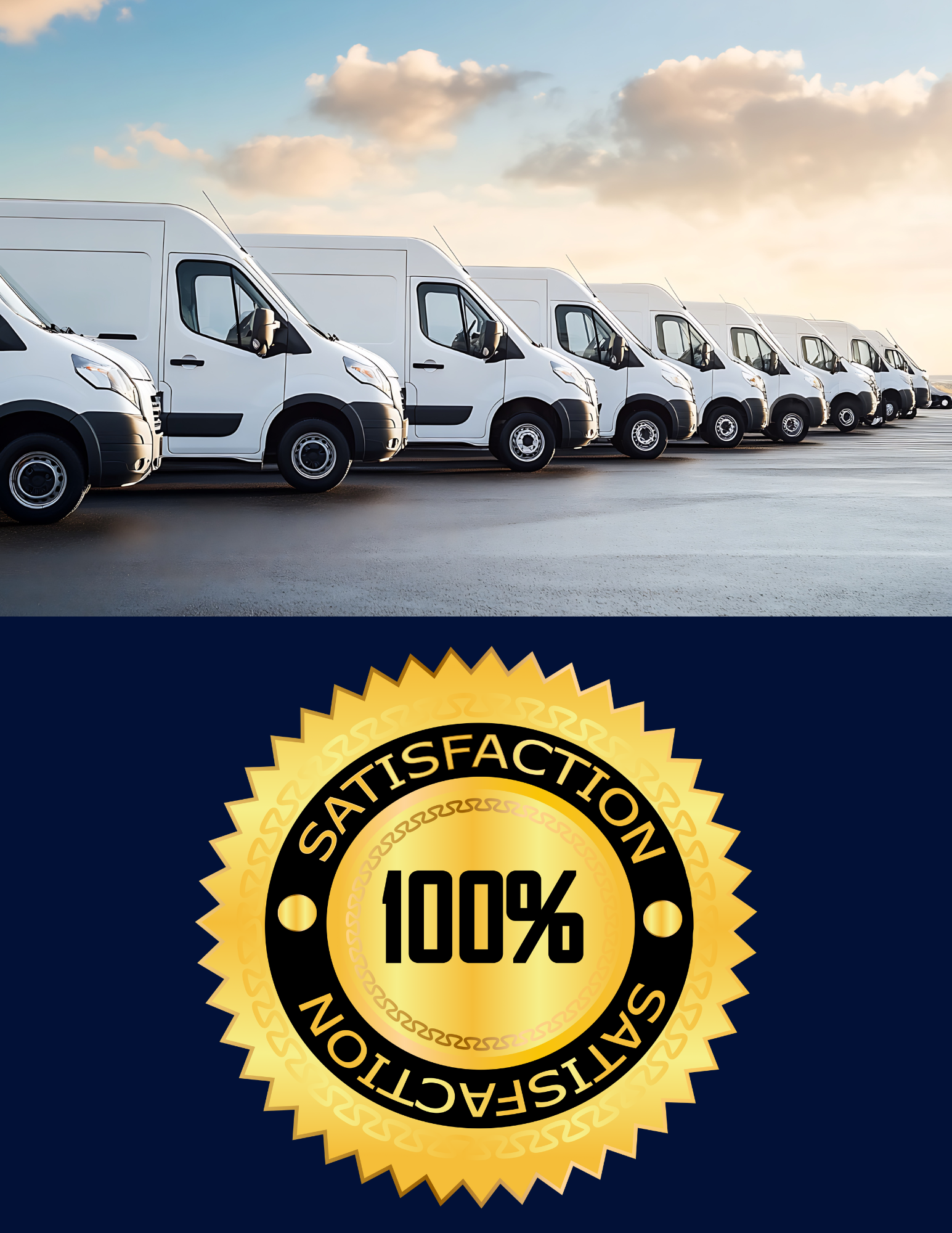 Line of white delivery vans parked outdoors under a cloudy sky with soft sunlight, and a gold and black badge reading '100% Satisfaction'.