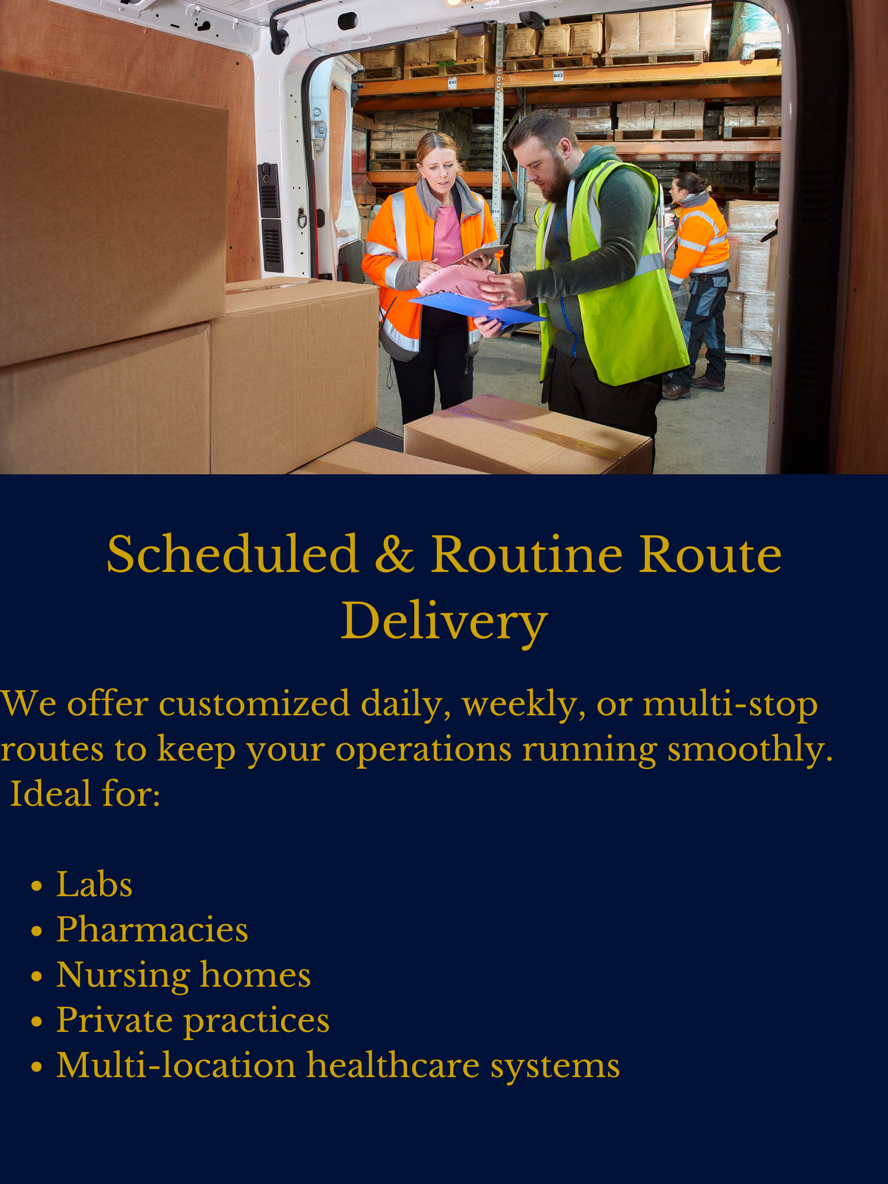 Group of workers in safety vests preparing for delivery inside a warehouse.