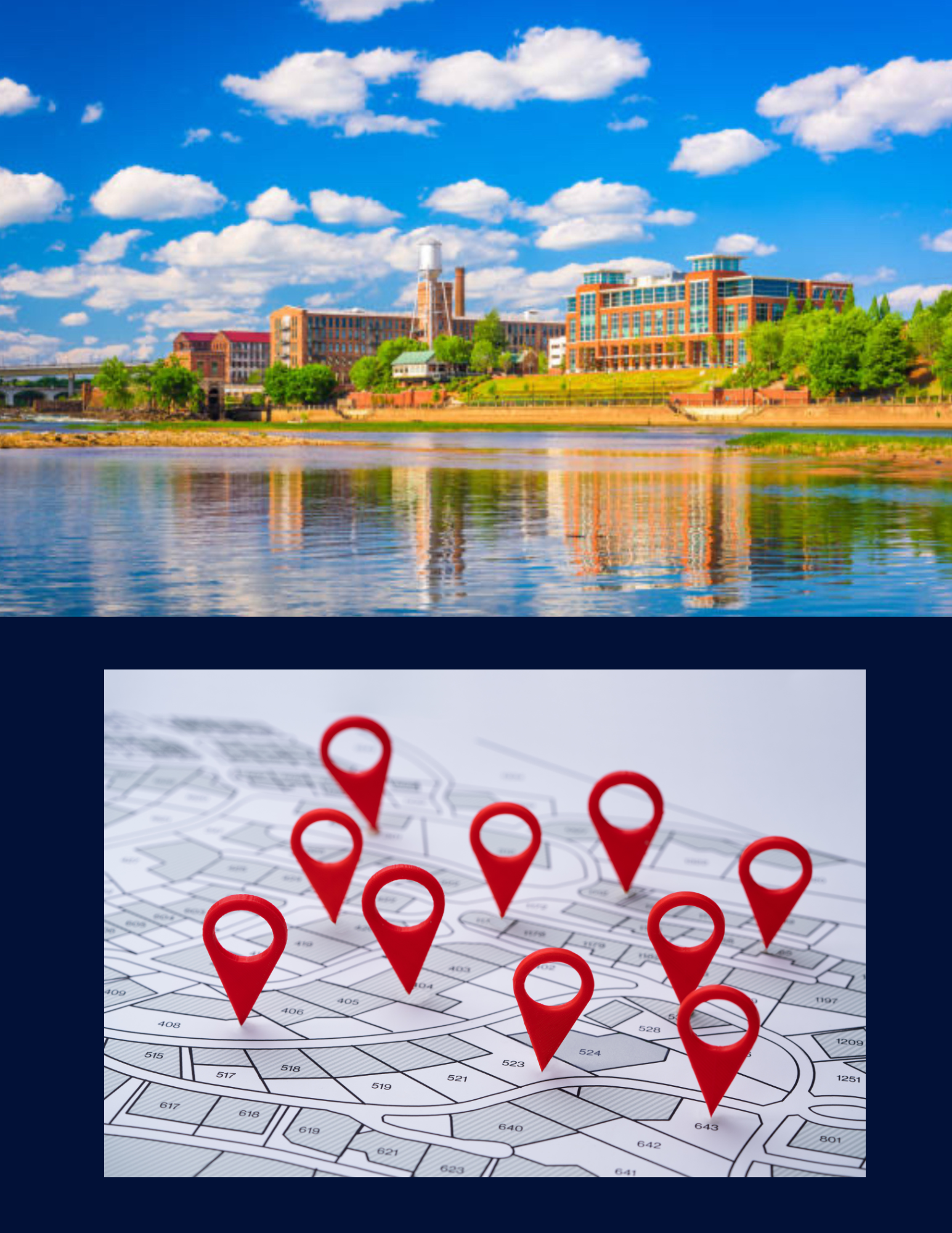 A photo of a city skyline with modern buildings, water, and partly cloudy sky, along with a map featuring red location markers.