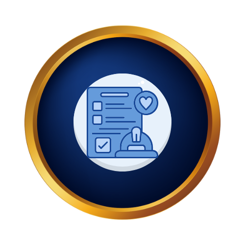 Icon representing health or medical data with a checklist, heart symbol, and a stamp or signature, set inside a gold-bordered blue circle.