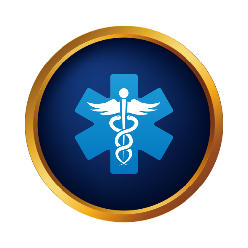 Medical emblem featuring a caduceus symbol with a star of life background, encircled by a gold border.