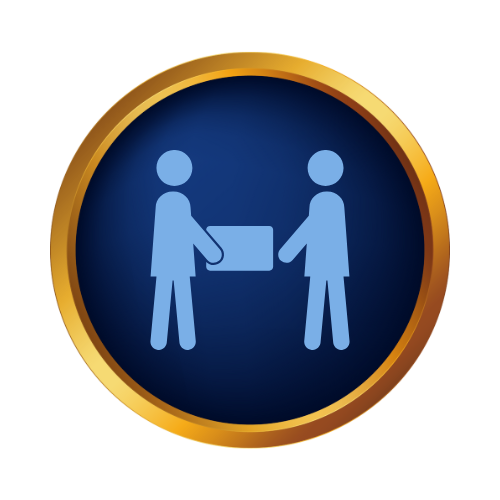 Icon of two people exchanging a box inside a circular frame with a gold border, symbolizing gift or package exchange.