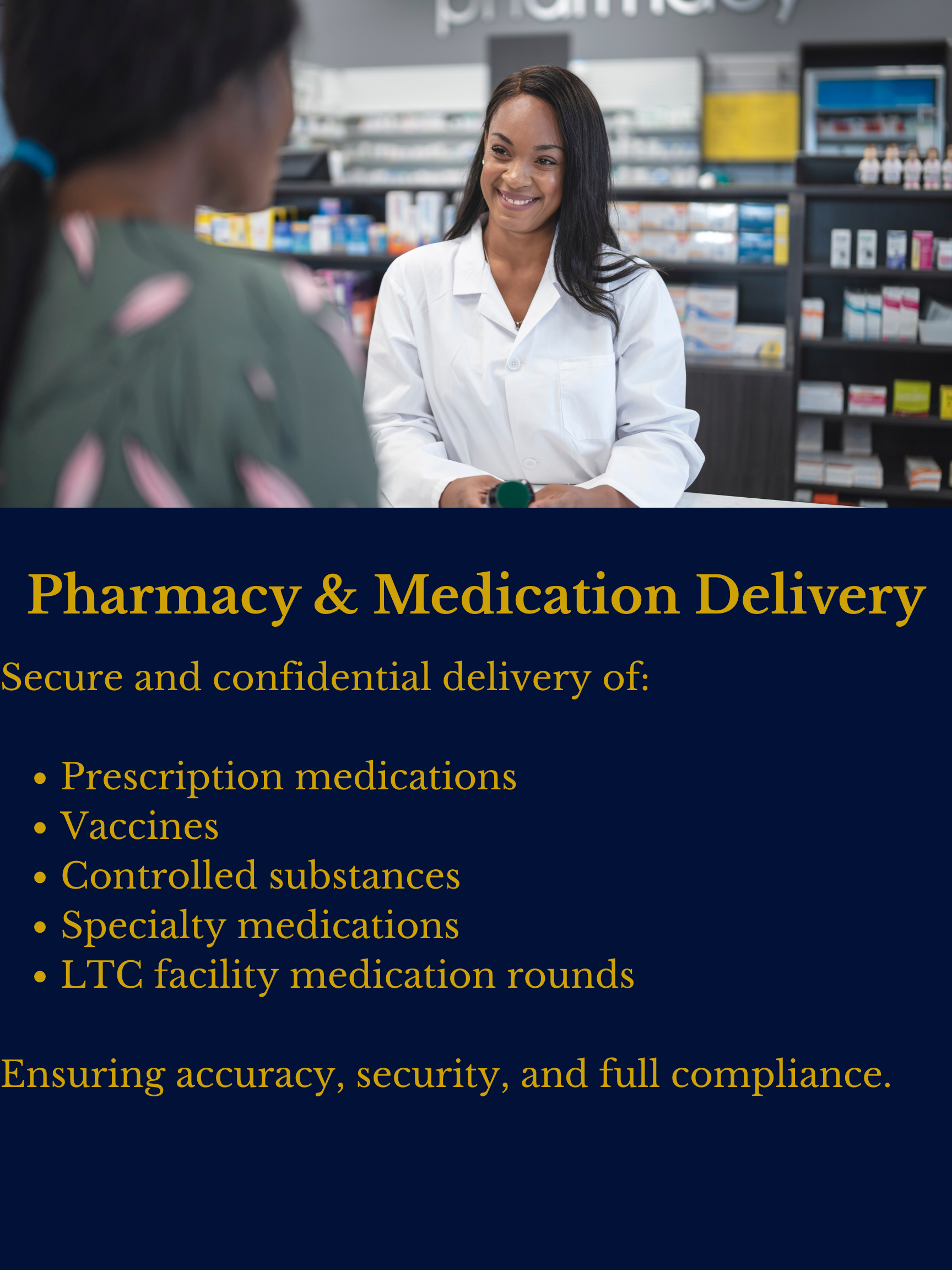 A pharmacy technician speaking with a customer at a pharmacy counter, with shelves of medication in the background. The image overlays a text advertisement for pharmacy and medication delivery services.