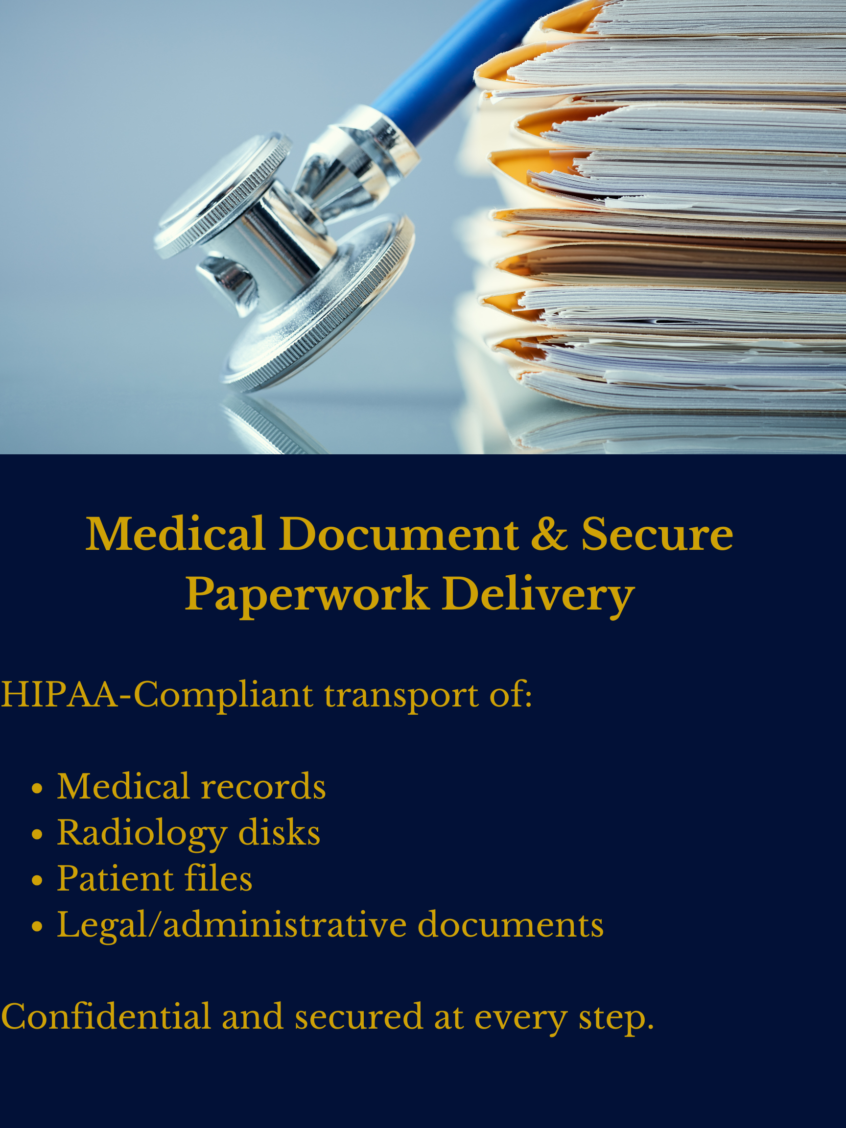 A stethoscope placed next to a stack of medical files and documents with text emphasizing secure and confidential medical document delivery, including HIPAA compliance for various medical records.