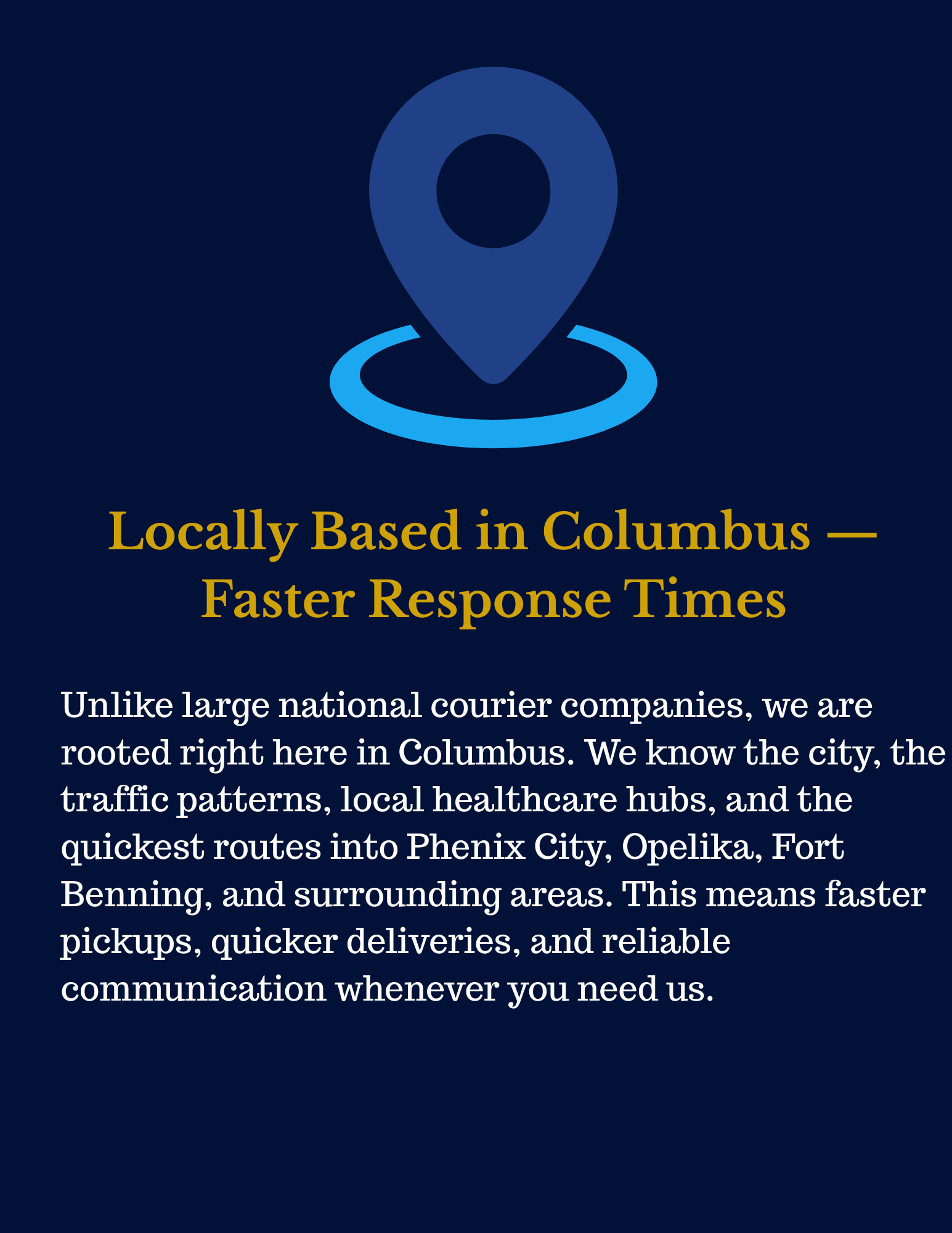 Flyer promoting a local courier service in Columbus with faster response times, emphasizing familiarity with the city and surrounding areas for quicker deliveries.