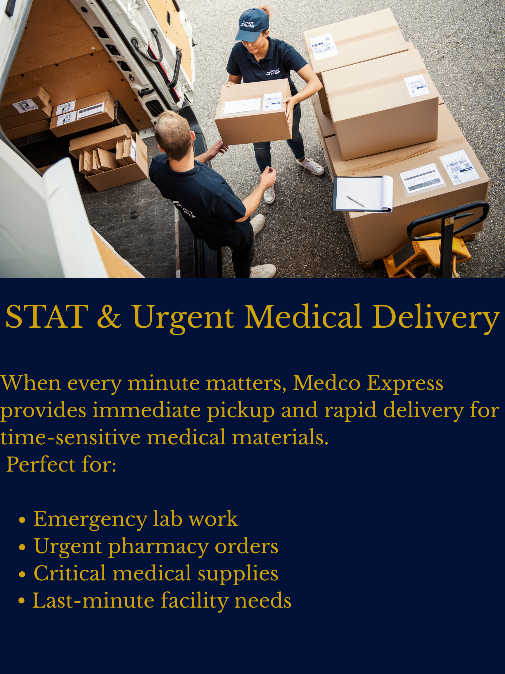 A person with a blue cap hands a cardboard box to another person in a black shirt at a medical delivery truck with more boxes on the ground. Overlaid text promotes STAT and urgent medical delivery services by Medco Express.