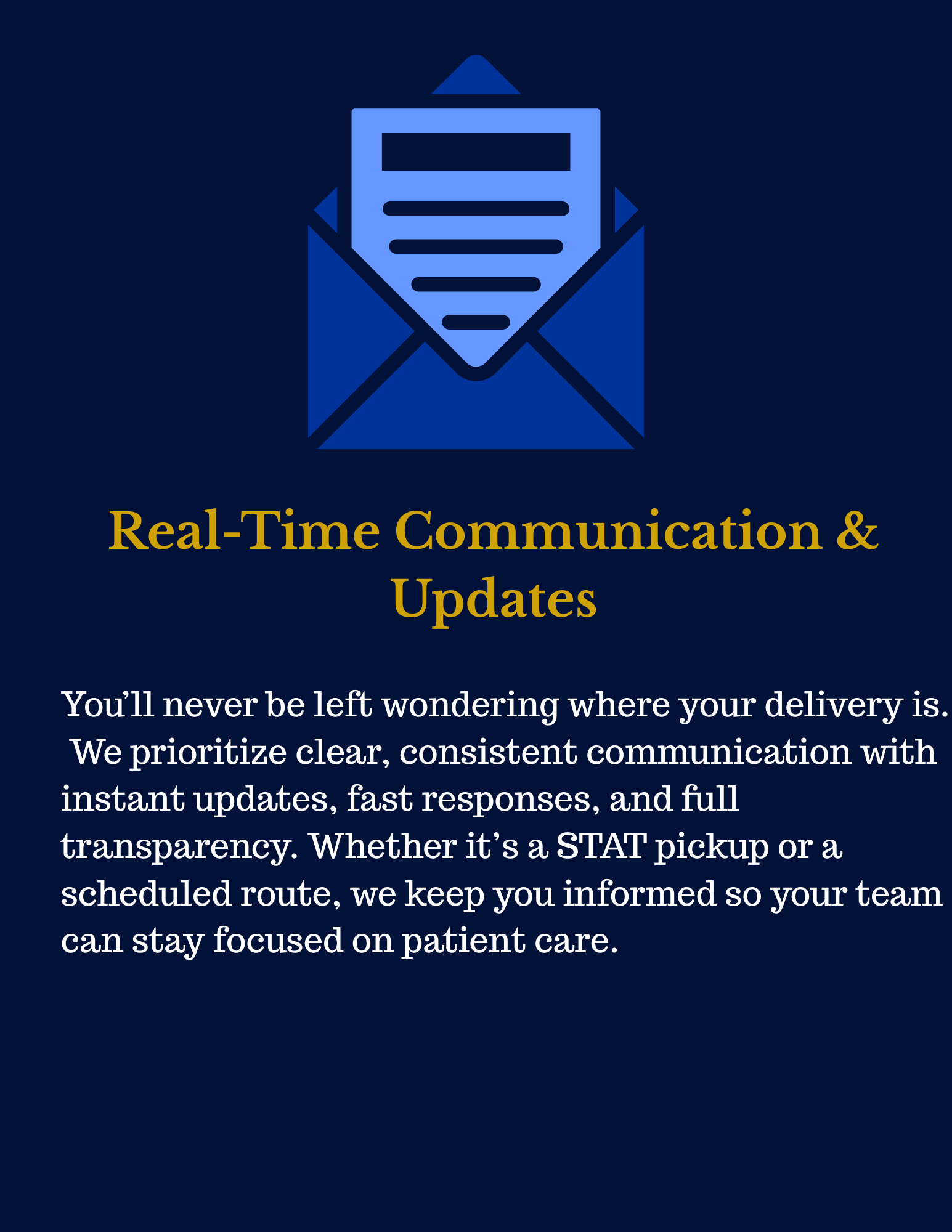 Graphic of an envelope with a letter inside, titled 'Real-Time Communication & Updates,' emphasizing clear, consistent updates for delivery tracking and team focus.