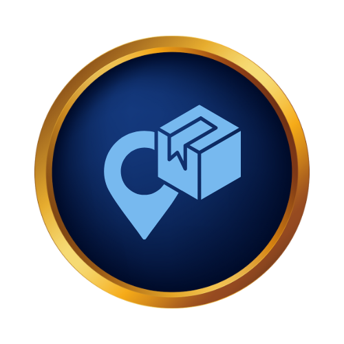 Icon of a location marker with a box containing a checkmark inside, set against a dark blue circular background with a gold border.