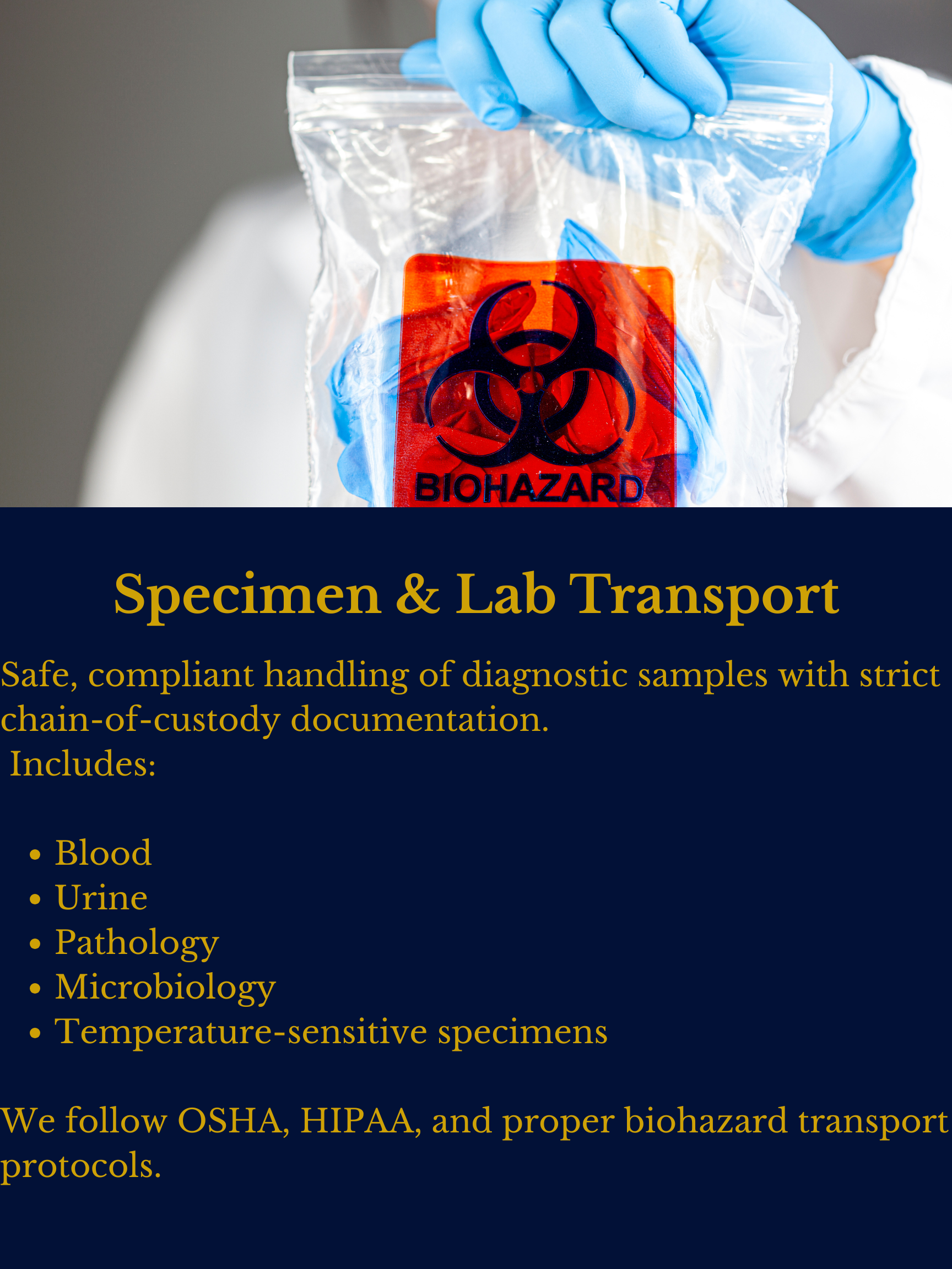 A person wearing blue gloves holding a biohazard bag containing a specimen, with a biohazard symbol on the bag. The lower part of the image displays text about specimen and lab transport protocols, emphasizing safe handling of diagnostic samples such as blood, urine, pathology, microbiology, and temperature-sensitive specimens, following OSHA, HIPAA, and biohazard protocols.