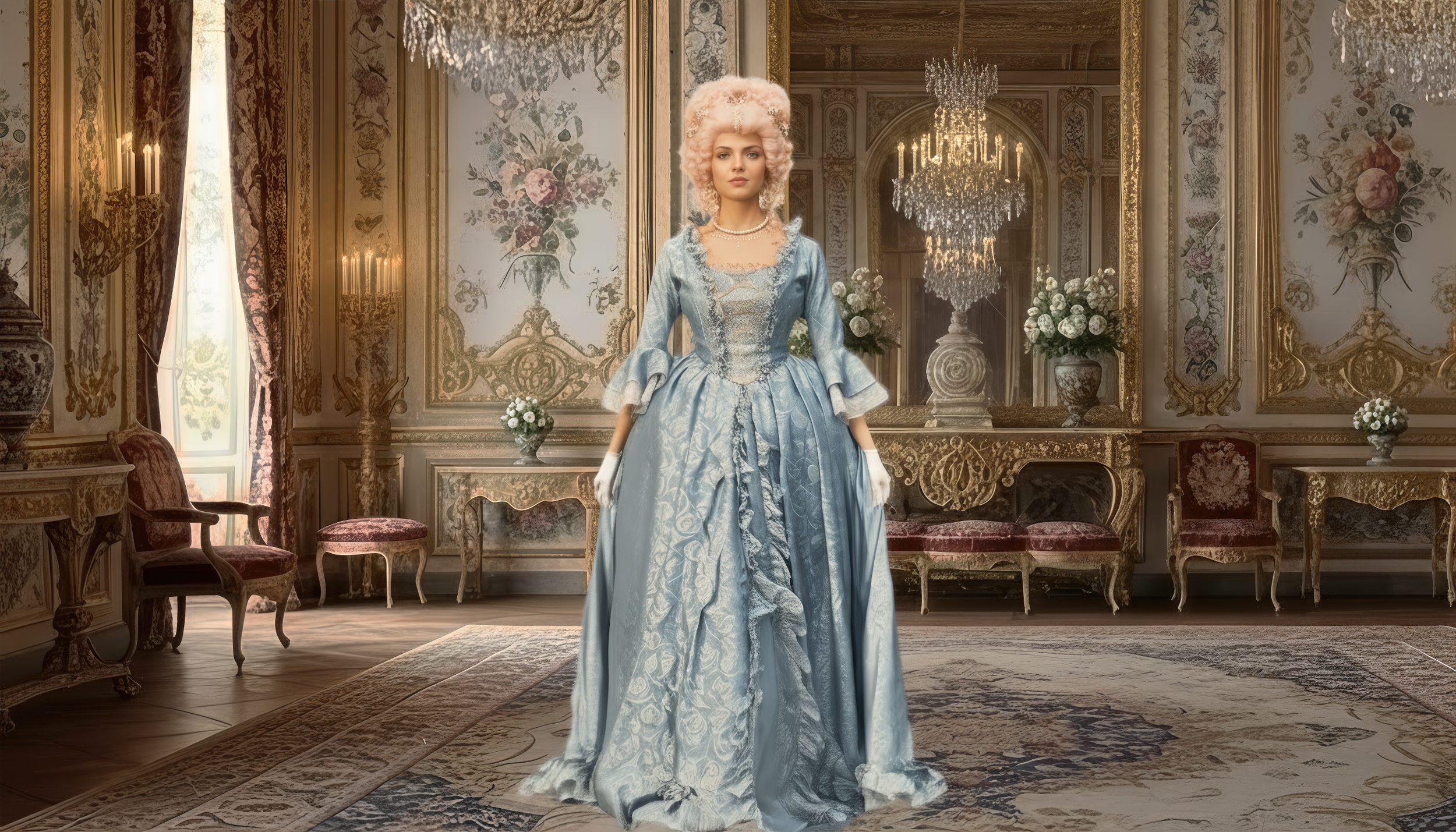 A woman dressed in an 18th-century Rococo style gown with elaborate embroidery and floral details, AI Generated, Wan 2.2, Flux, ComfyUI