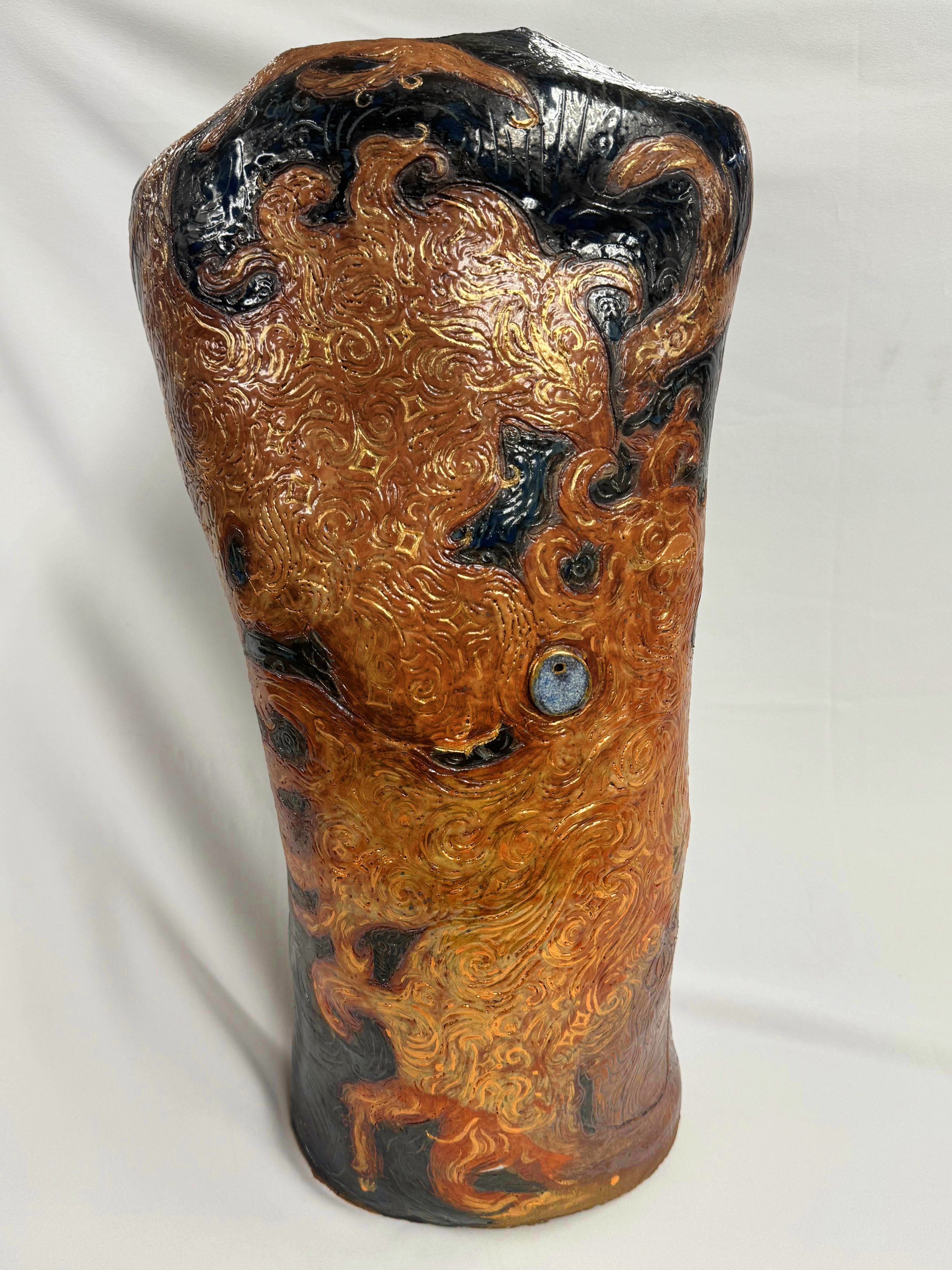 “Reborn Again”, 2025. Red stoneware clay with sgraffitto,  black and porcelain slips, malcolm shino, red irwing, peach bloom 2, cuba's beaches, purple haze, and gold acrylic paint.
9" x 23" inches. 
The ceramic vase displays a narrative story of risi