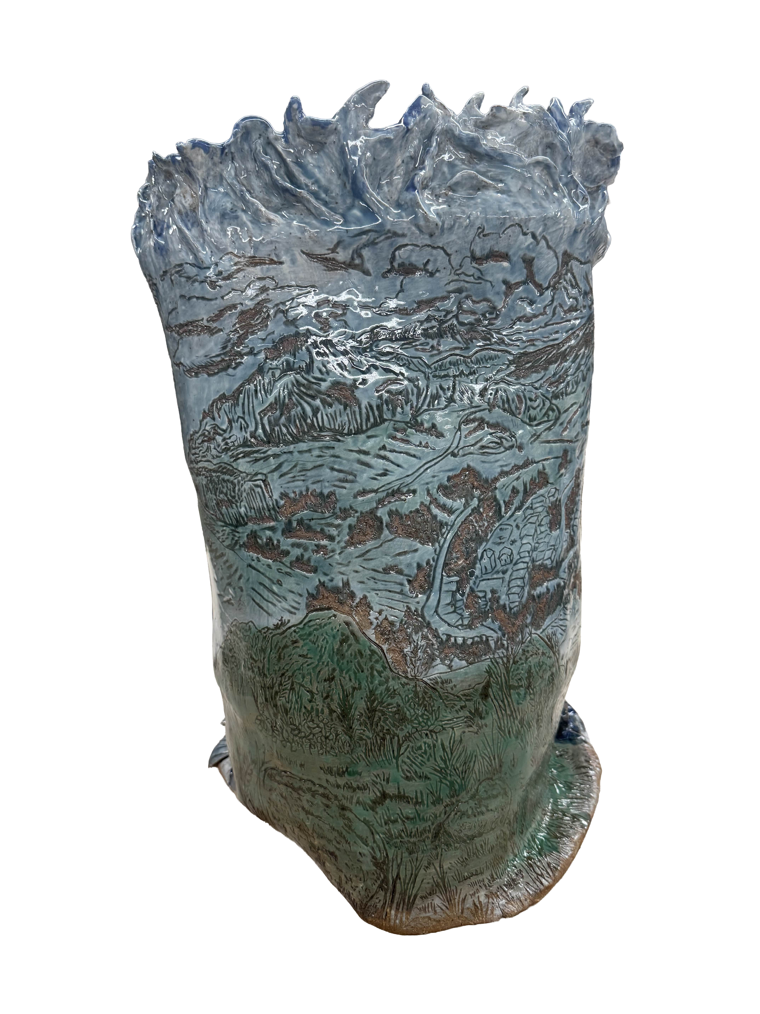 “Olas Impetuosas de mi Cultura”, 2025.
Red stoneware clay with porcelain slip and sgraffitto, cuba’s beaches, spruce stone, midnight blue, yellow salt, and silky satin blue glazes.
11" x 20" inches