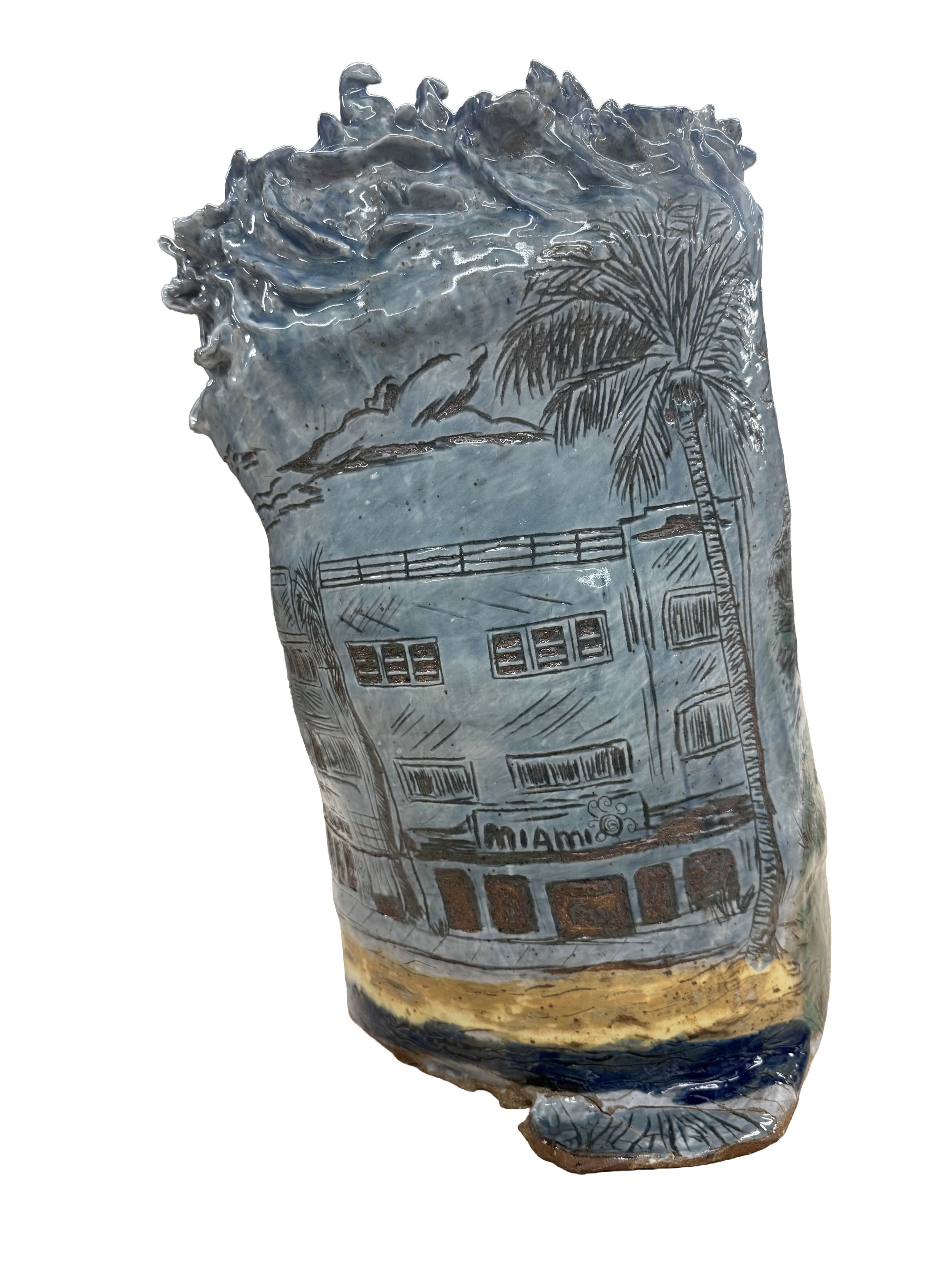 “Olas Impetuosas de mi Cultura”, 2025.
Red stoneware clay with porcelain slip and sgraffitto, cuba’s beaches, spruce stone, midnight blue, yellow salt, and silky satin blue glazes.
11" x 20" inches