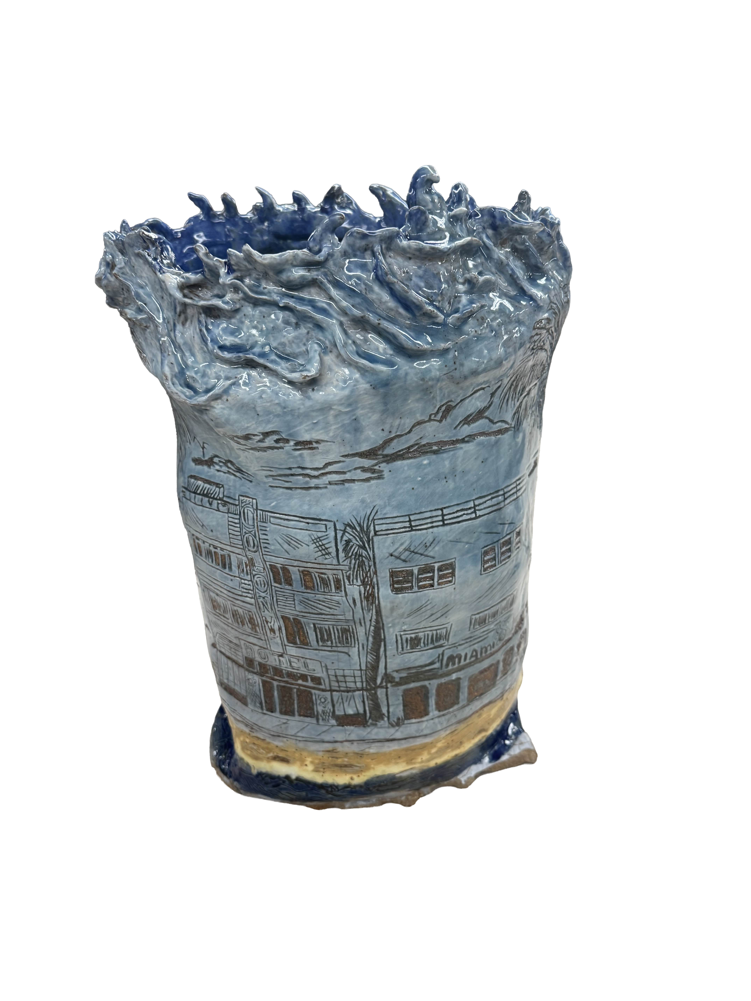 “Olas Impetuosas de mi Cultura”, 2025.
Red stoneware clay with porcelain slip and sgraffitto, cuba’s beaches, spruce stone, midnight blue, yellow salt, and silky satin blue glazes.
11" x 20" inches