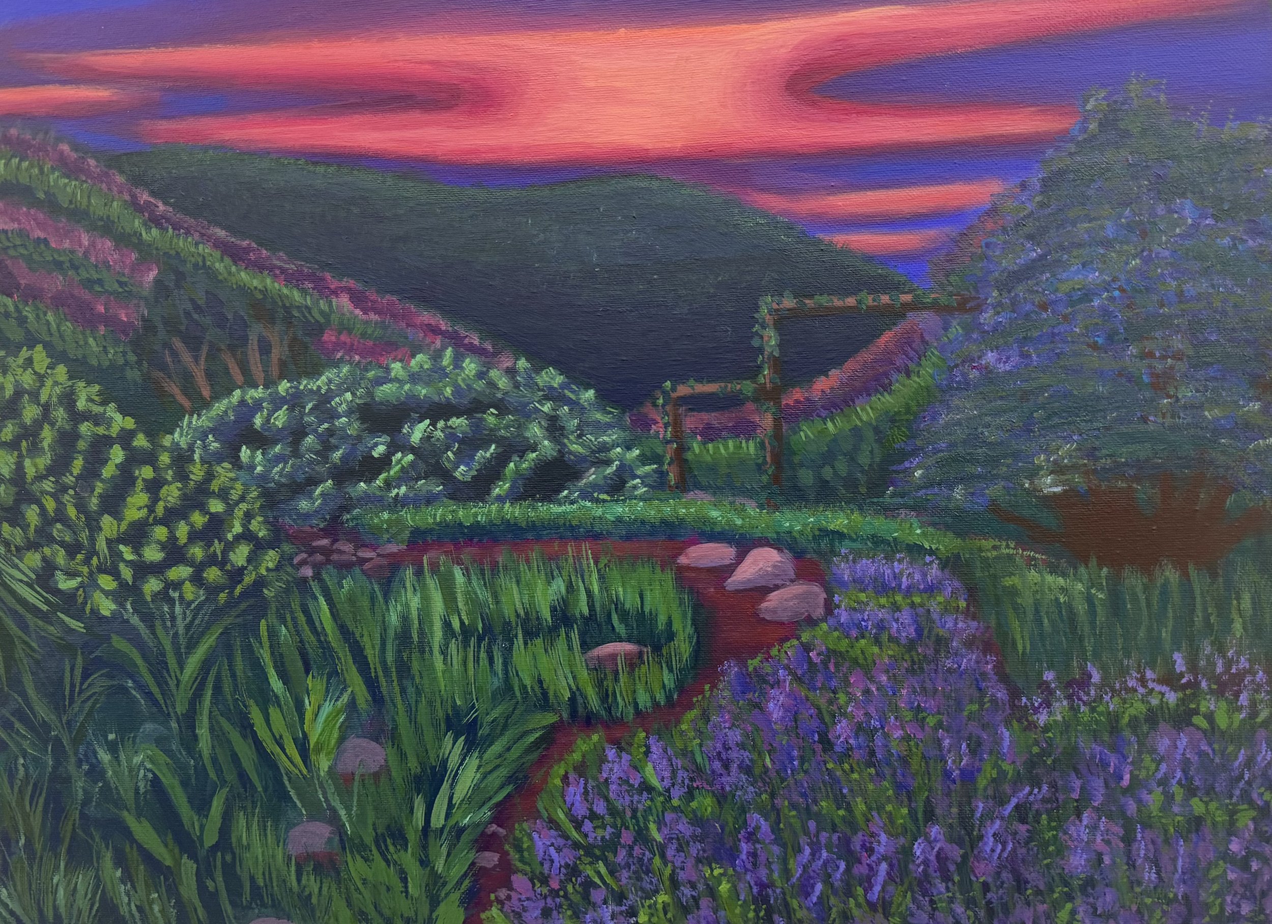 “Sunsetting at 6 PM”, 2025. Acrylic paint on canvas.
16” x 24”