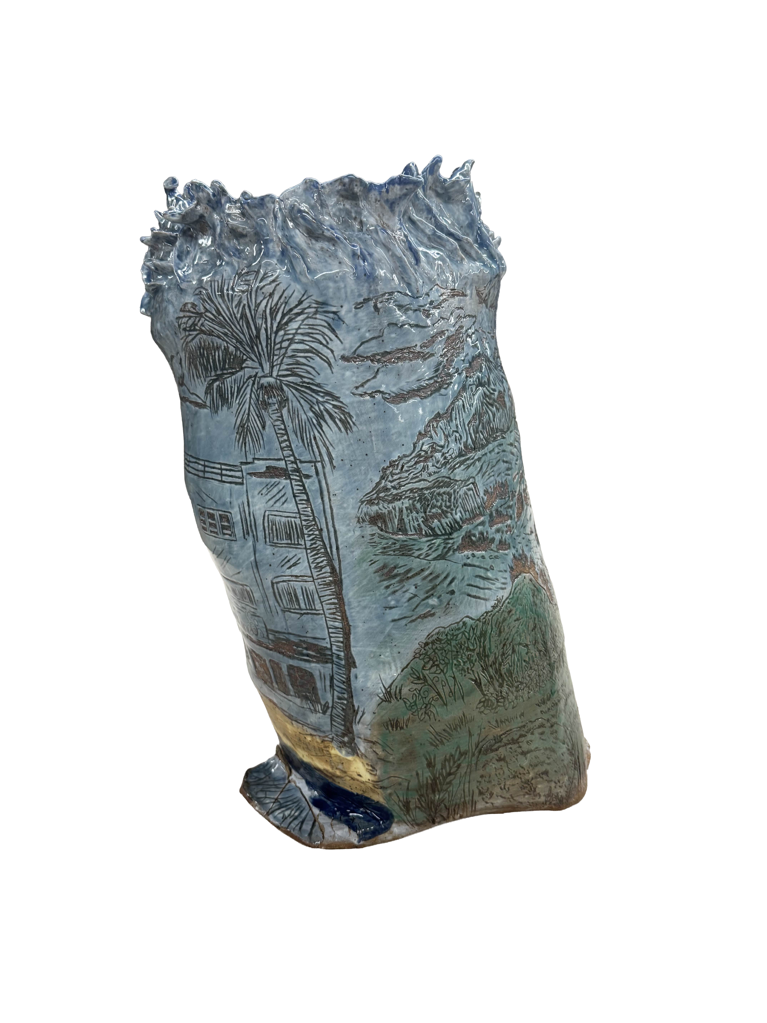 “Olas Impetuosas de mi Cultura”, 2025.
Red stoneware clay with porcelain slip and sgraffitto, cuba’s beaches, spruce stone, midnight blue, yellow salt, and silky satin blue glazes.
11" x 20" inches