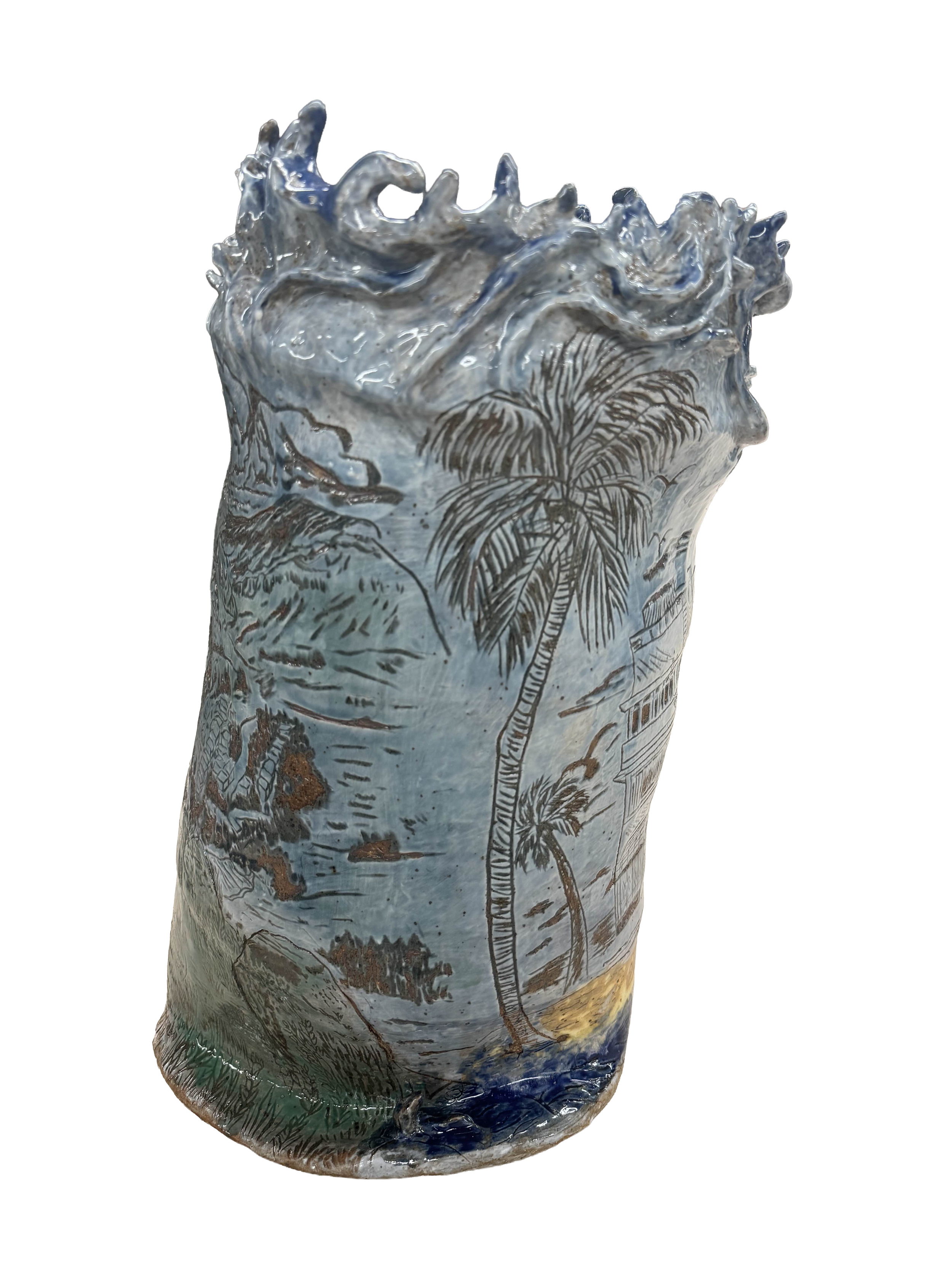 “Olas Impetuosas de mi Cultura”, 2025.
Red stoneware clay with porcelain slip and sgraffitto, cuba’s beaches, spruce stone, midnight blue, yellow salt, and silky satin blue glazes.
11" x 20" inches