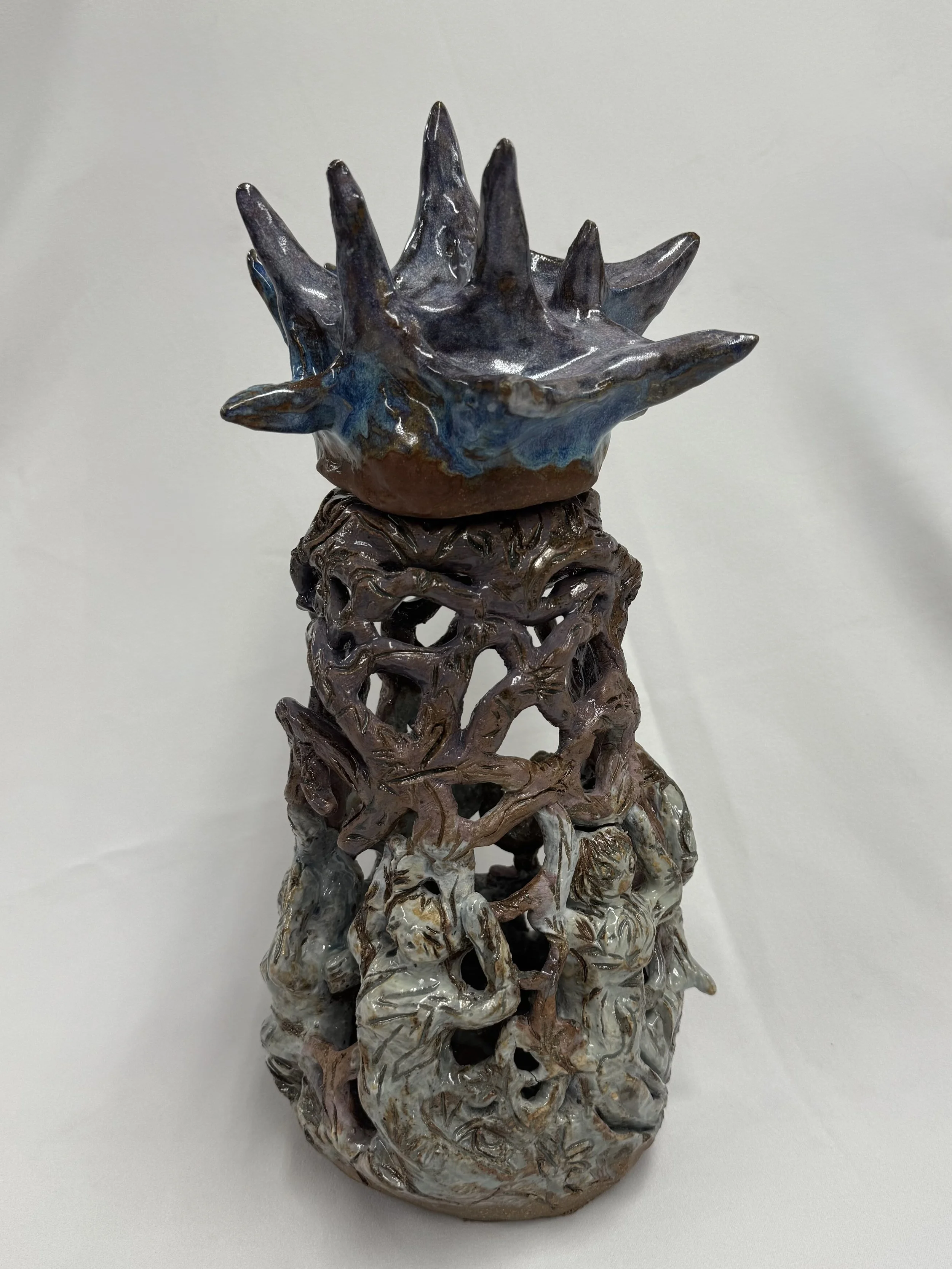 “Weight on your shoulders”, 2025
red stoneware clay with sgraffito and purple slip, celadon, purple haze, and blue cerrilium heaven glazes.
3" x 11" inches 