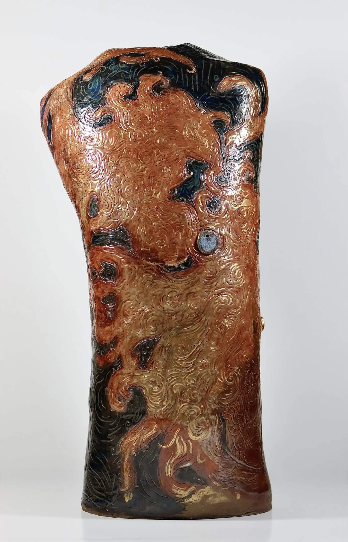“Rebirth”, 2025. Red stoneware clay with sgraffitto,  black and porcelain slips, malcolm shino, red irwing, peach bloom 2, cuba's beaches, purple haze, and gold acrylic paint.
9" x 23" inches. 
The ceramic vase displays a narrative story of rising fr