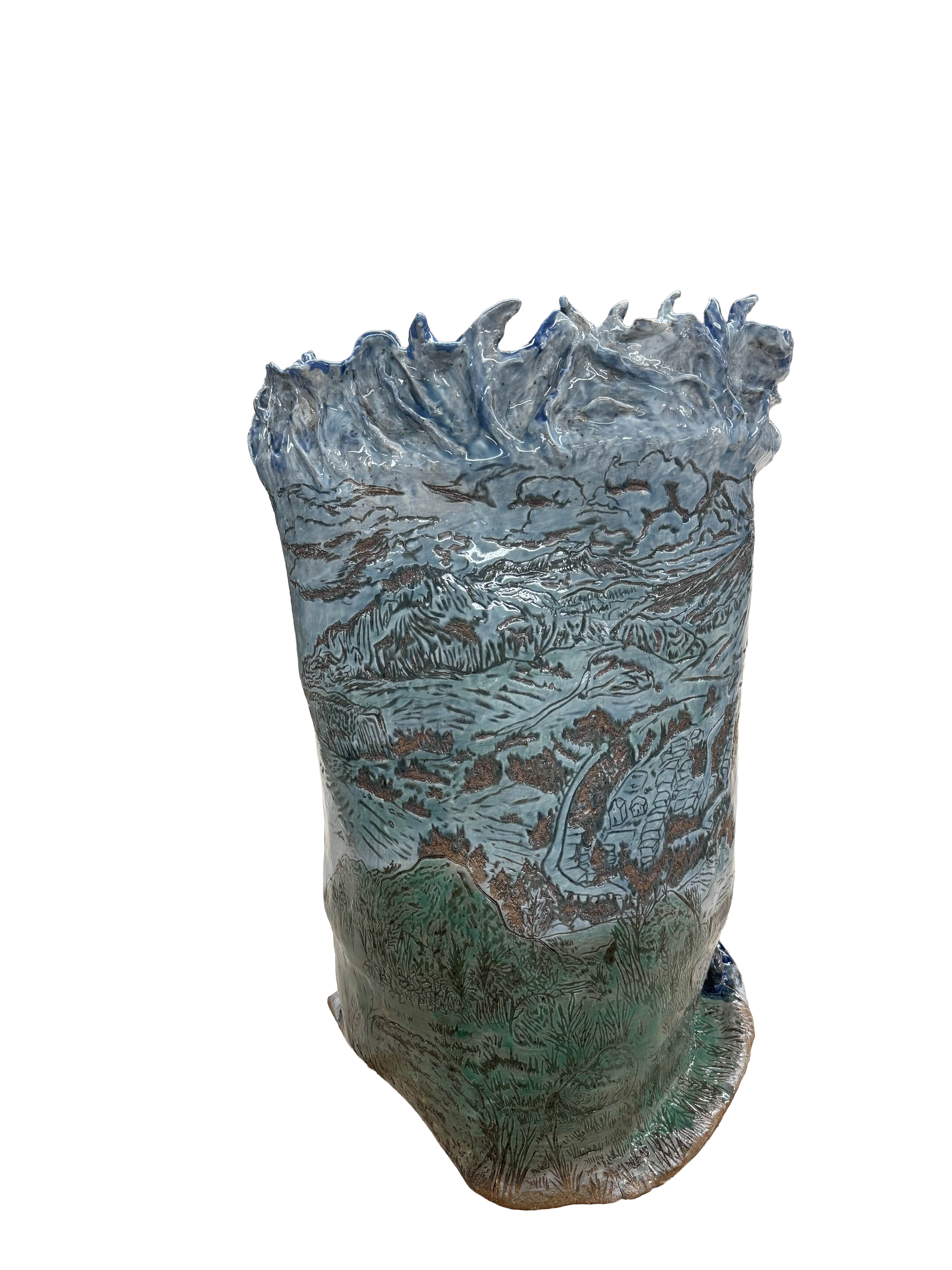 “Olas Impetuosas de mi Cultura”, 2025.
Red stoneware clay with porcelain slip and sgraffitto, cuba’s beaches, spruce stone, midnight blue, yellow salt, and silky satin blue glazes.
11" x 20" inches.


The story of my family migrating from their home 