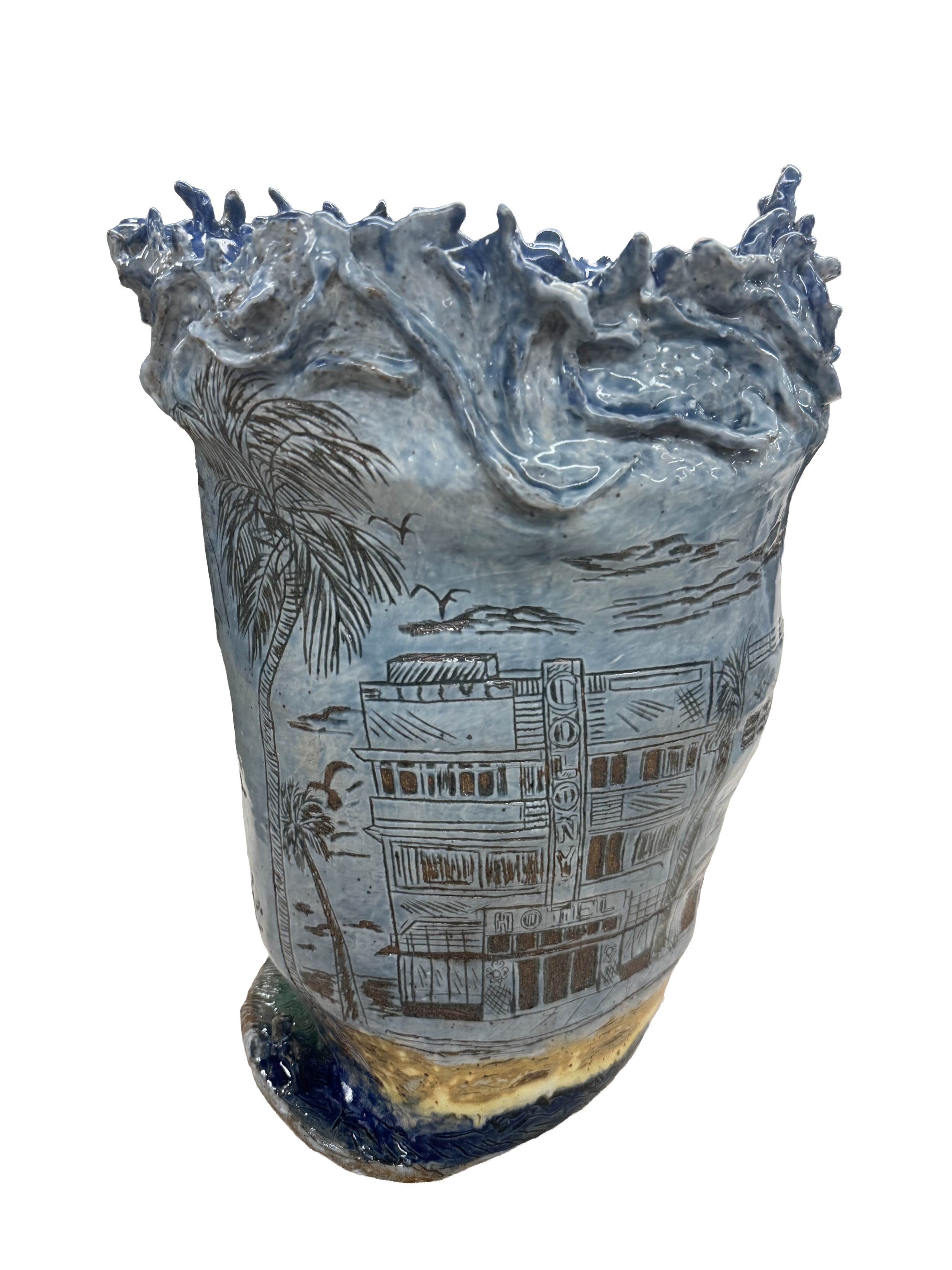 “Olas Impetuosas de mi Cultura”, 2025.
Red stoneware clay with porcelain slip and sgraffitto, cuba’s beaches, spruce stone, midnight blue, yellow salt, and silky satin blue glazes.
11" x 20" inches