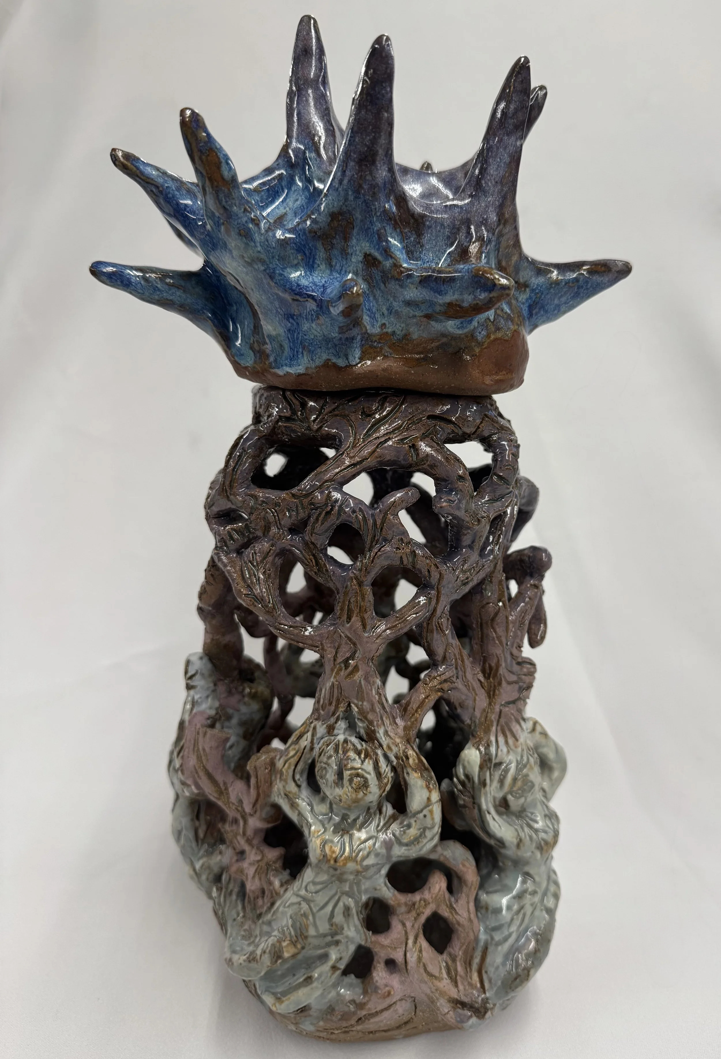 “Weight on your shoulders”, 2025
red stoneware clay with sgraffito and purple slip, celadon, purple haze, and blue cerrilium heaven glazes.
3" x 11" inches 