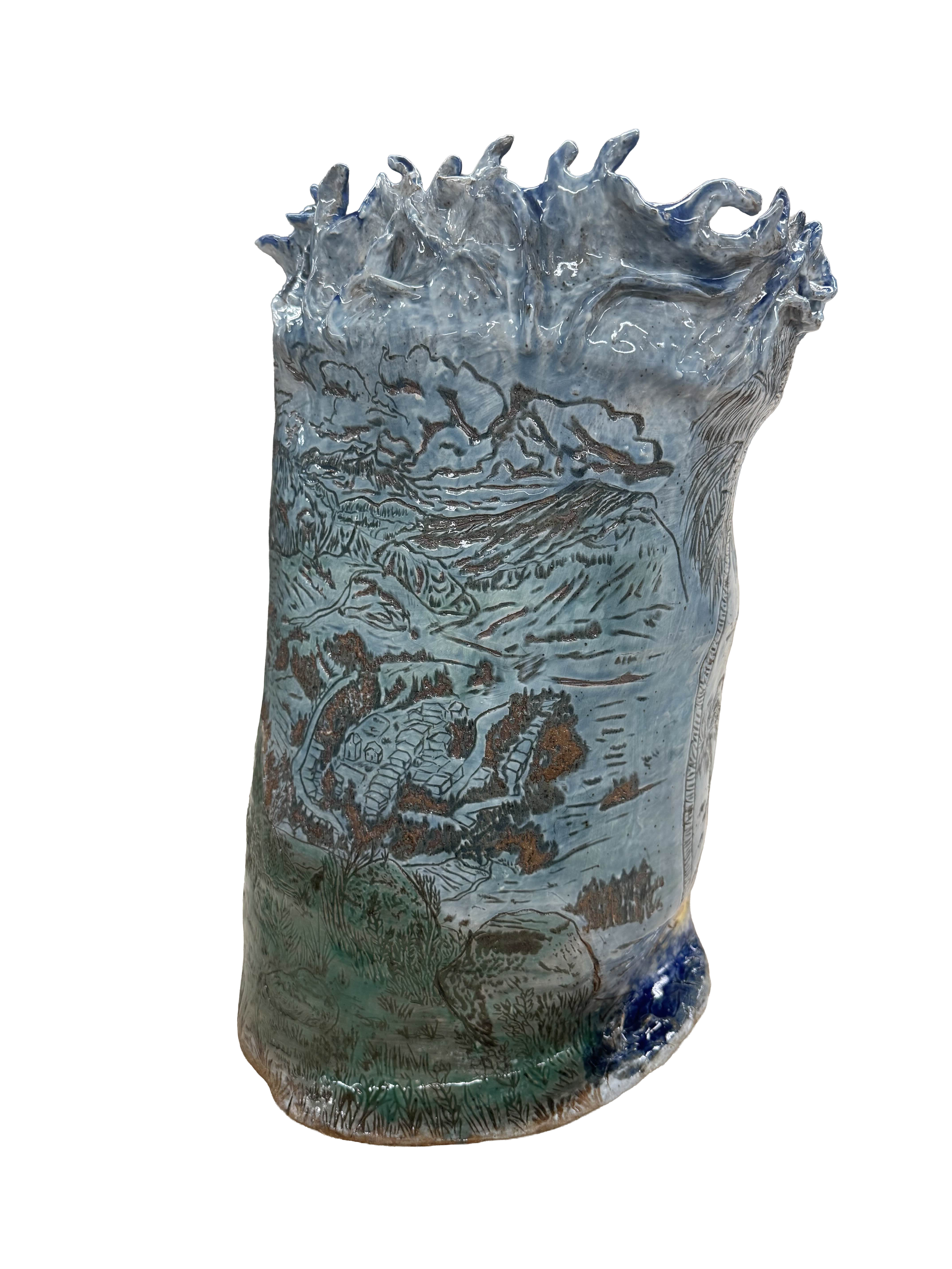 “Olas Impetuosas de mi Cultura”, 2025.
Red stoneware clay with porcelain slip and sgraffitto, cuba’s beaches, spruce stone, midnight blue, yellow salt, and silky satin blue glazes.
11" x 20" inches