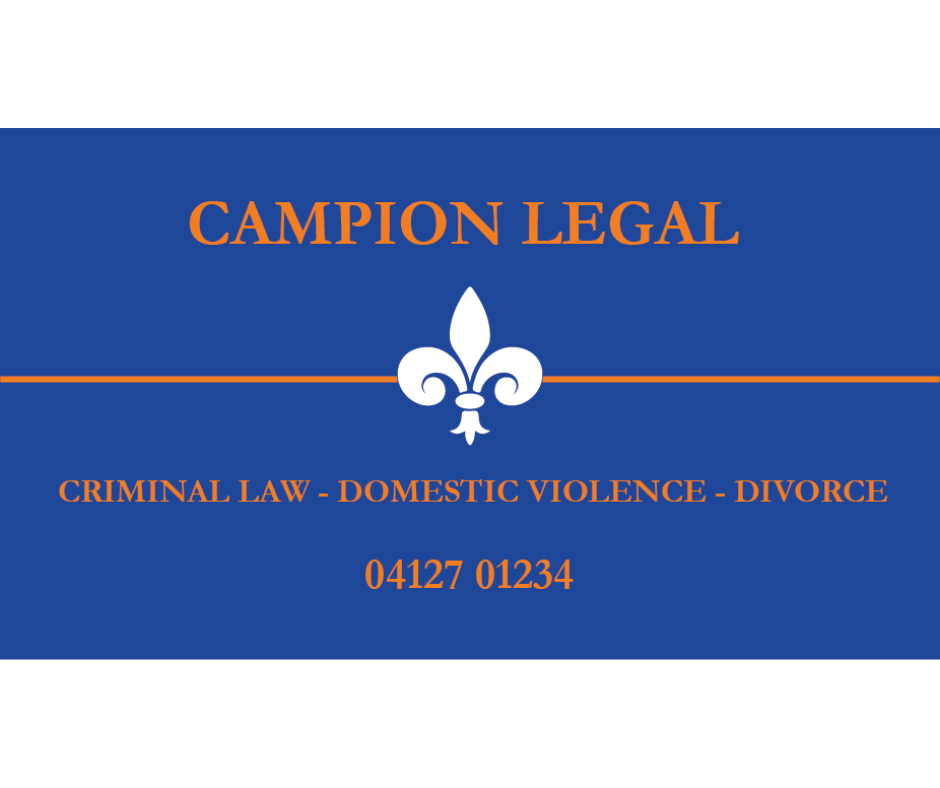 Business card for Campion Legal with contact number, blue background, orange text, white fleur-de-lis symbol, services listed as criminal law, domestic violence, divorce.