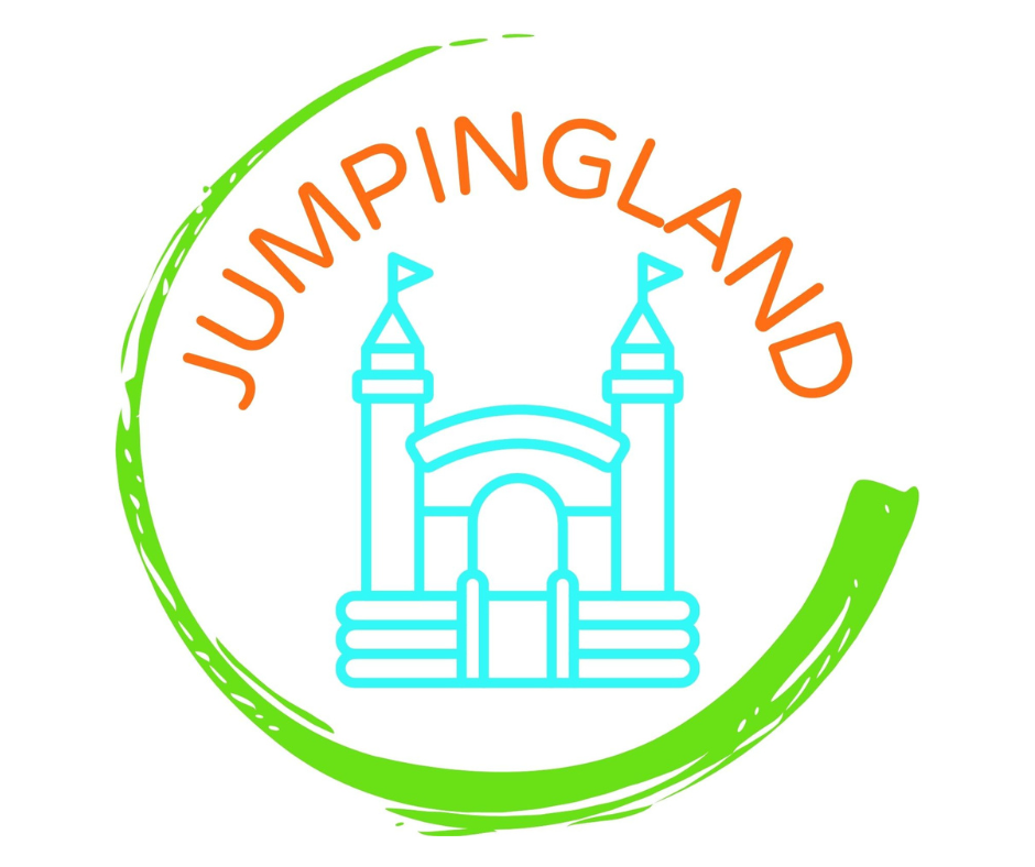 Logo of Jumpingland featuring a neon blue castle with towers, surrounded by a roughly drawn green circle, and the word 'JUMPINGLAND' in orange curved above the castle.