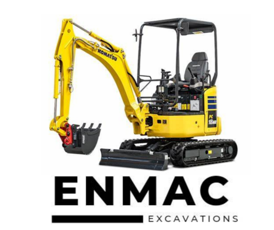 A yellow Komatsu mini excavator with a black bucket attachment and rubber tracks, with the text 'ENMAC Excavations' below.