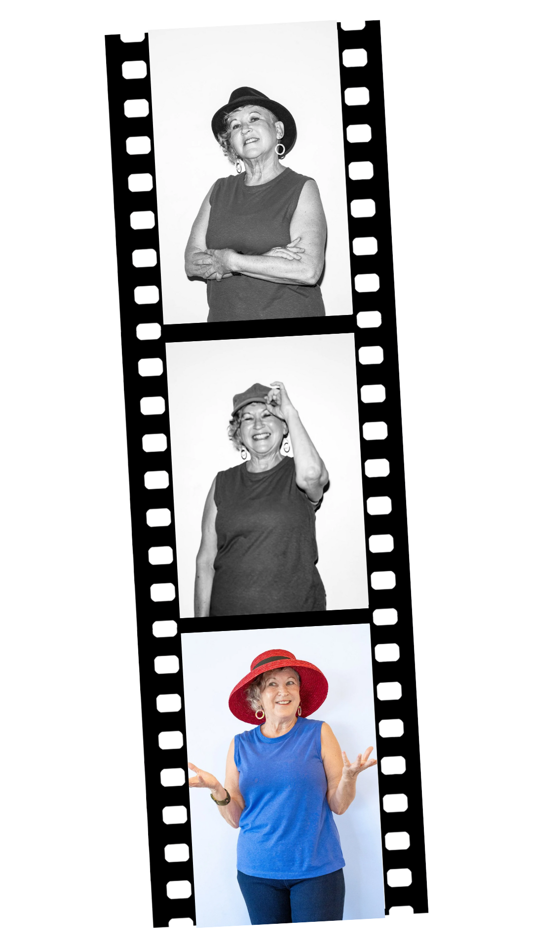 Portrait series of awoman with curly hair, wearing a hat and earrings. In the first black-and-white photo, she has crossed arms and a slight smile. In the second black-and-white photo, she is smiling broadly, touching her hat. In the third photo, she is smiling and gesturing with both hands, wearing a large red hat, a blue sleeveless top, and dark pants.