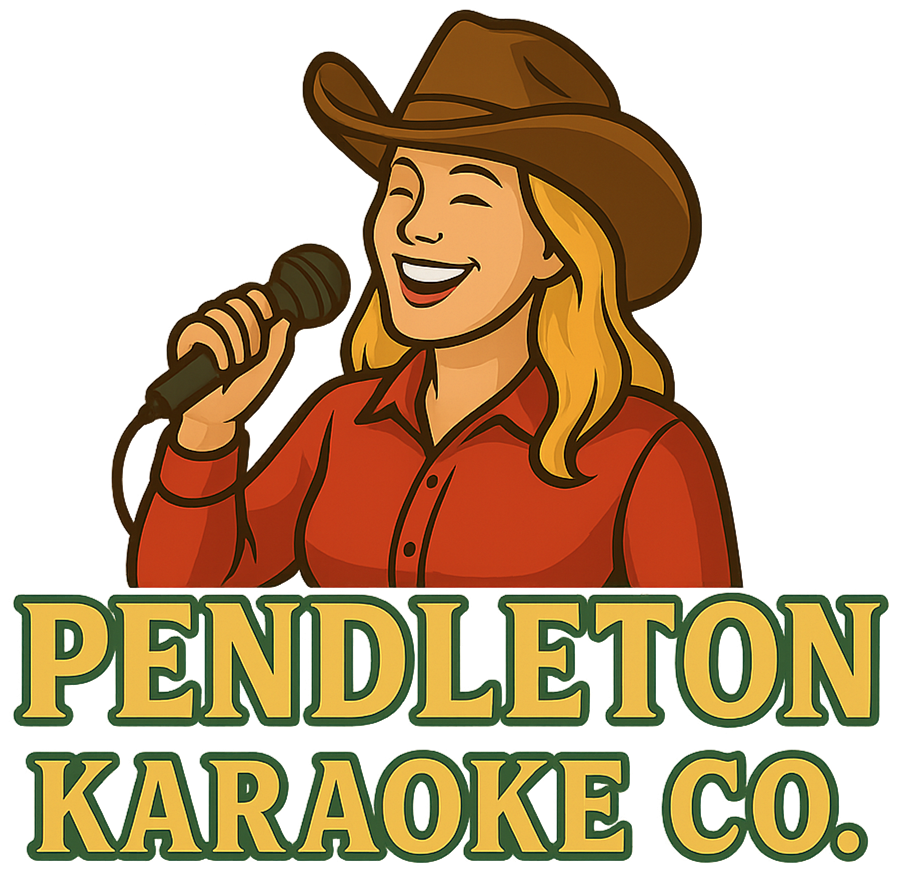 Illustration of a woman with long blonde hair wearing a cowboy hat and red shirt, holding a microphone, smiling, with text reading 'Pendleton Karaoke Co.'
