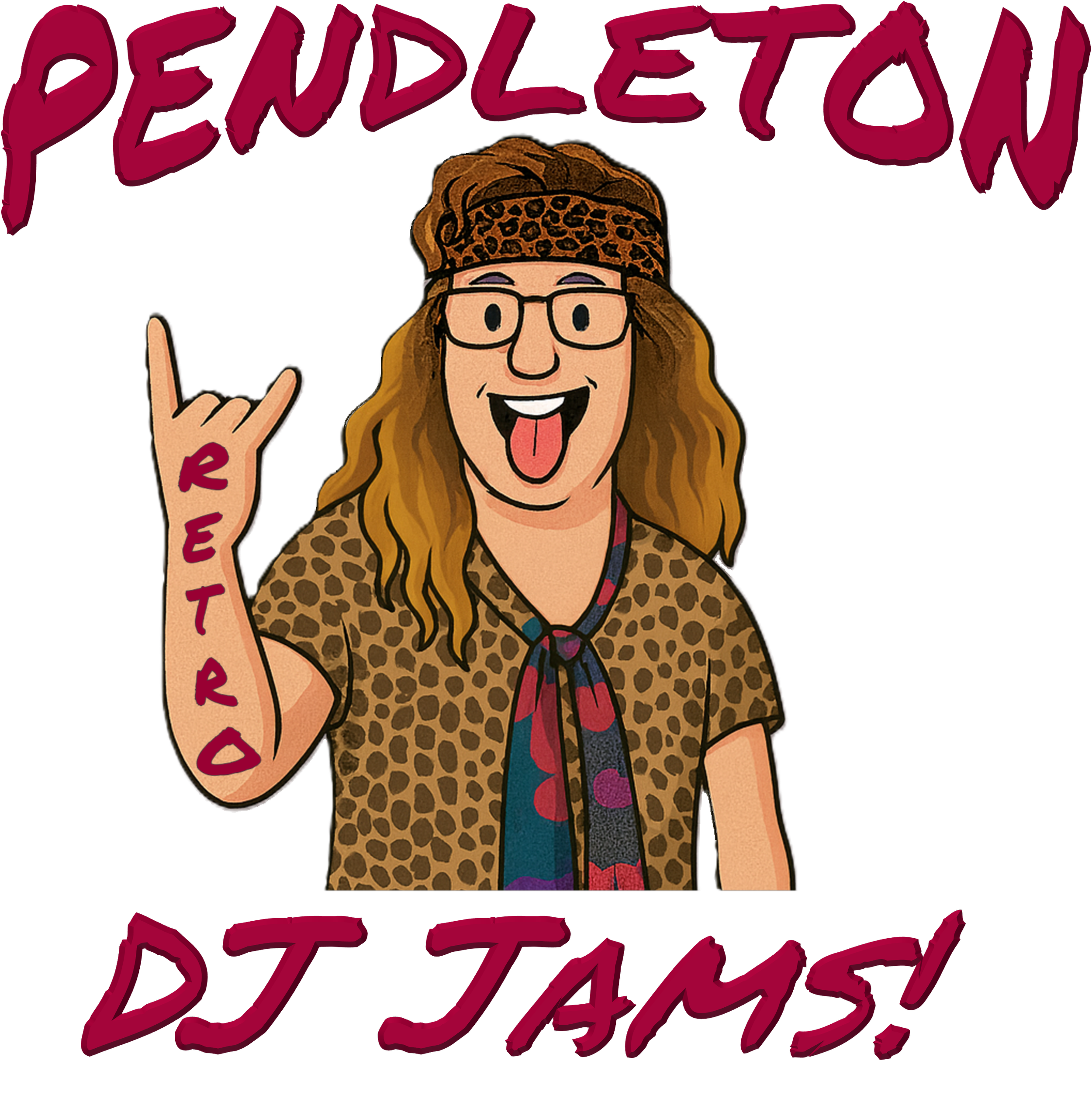 Cartoon of a woman with long wavy hair, glasses, and a leopard print headband and shirt, making a rock gesture with her hand, with the words "PENDLETON DJ JAMS!" in pink text.