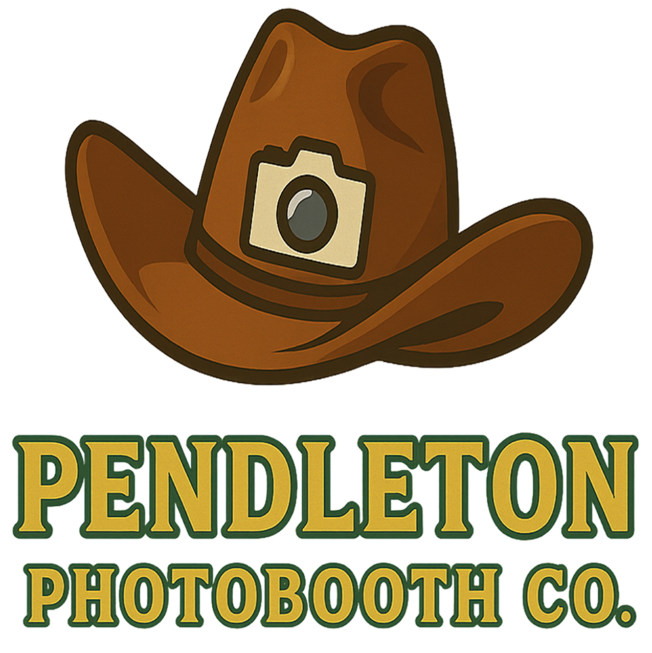 Cartoon cowboy hat with a camera icon on it, and the text 'Pendleton Photobooth Co.' underneath.