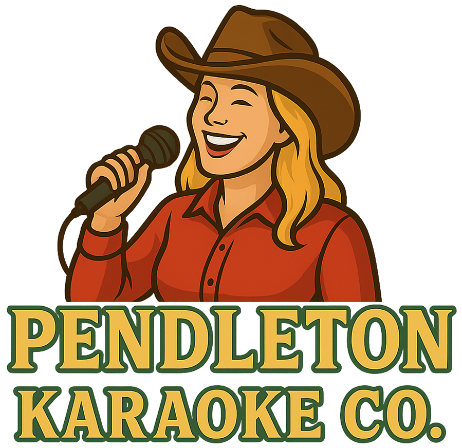 Illustration of a woman wearing a cowboy hat and red shirt, holding a microphone, with the words "Pendleton Karaoke Co." below her.