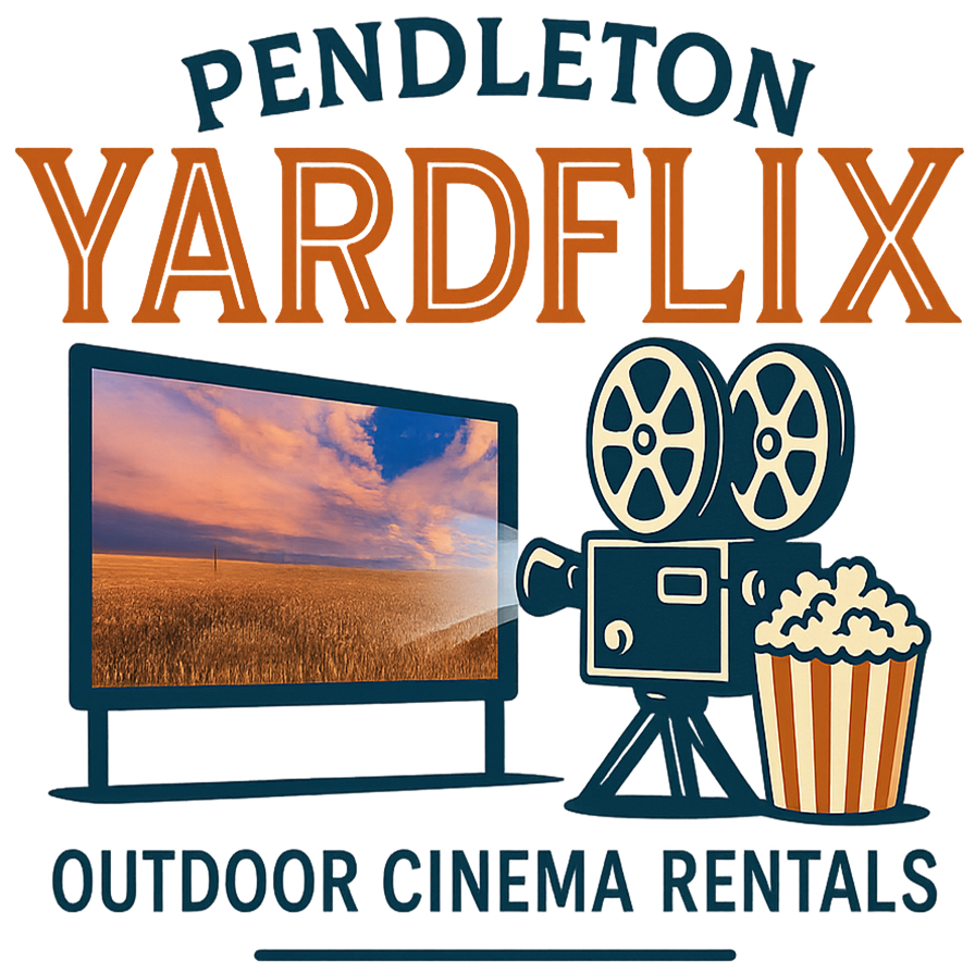 A sign for Pendulet Yardflix outdoor cinema rentals with film reel, popcorn, TV screen displaying a sunset landscape, and colorful text.