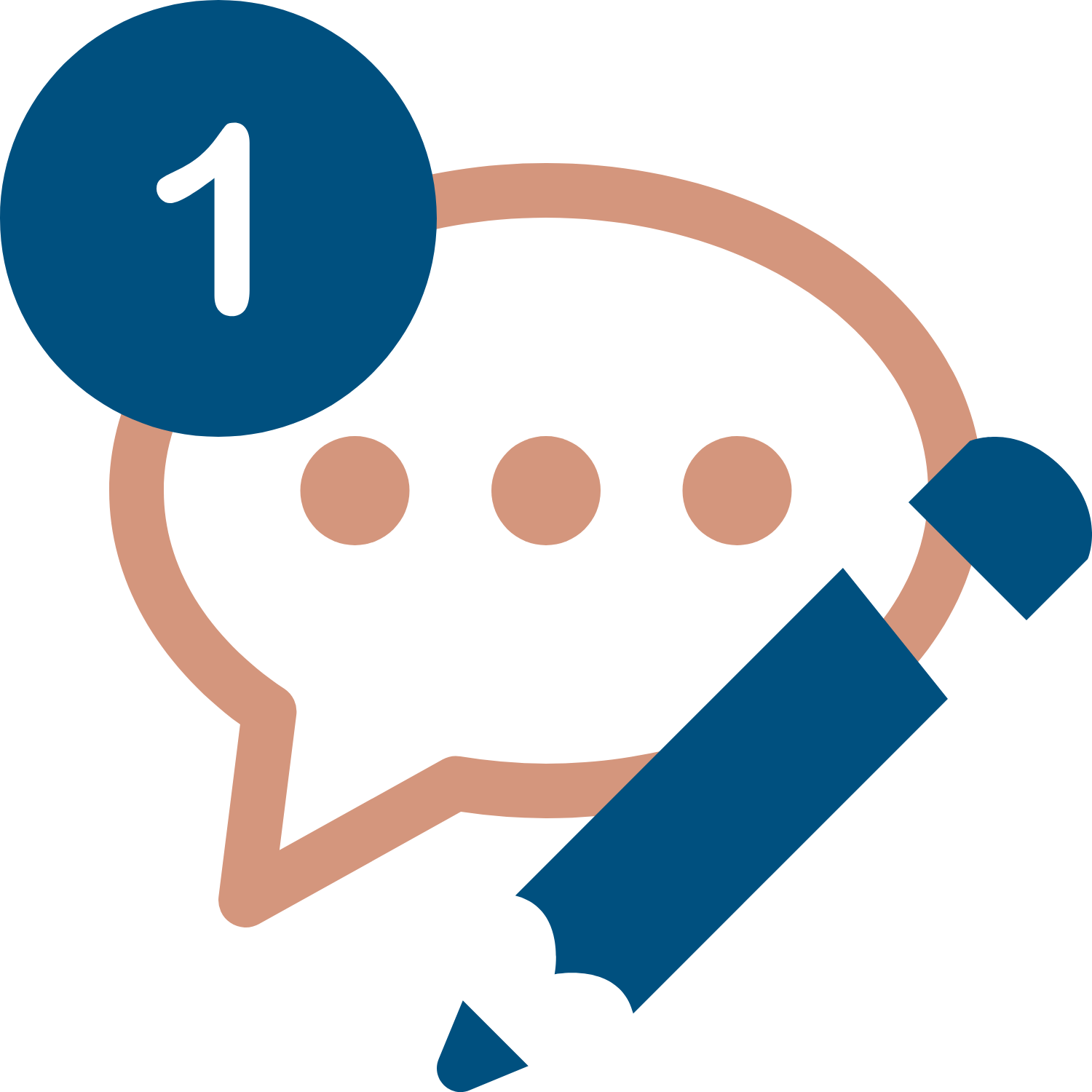 Icon of a speech bubble with three dots, with a blue circle containing the number one and an arrow pointing to the circle, symbolizing a chat or message with a priority or first message indicator.