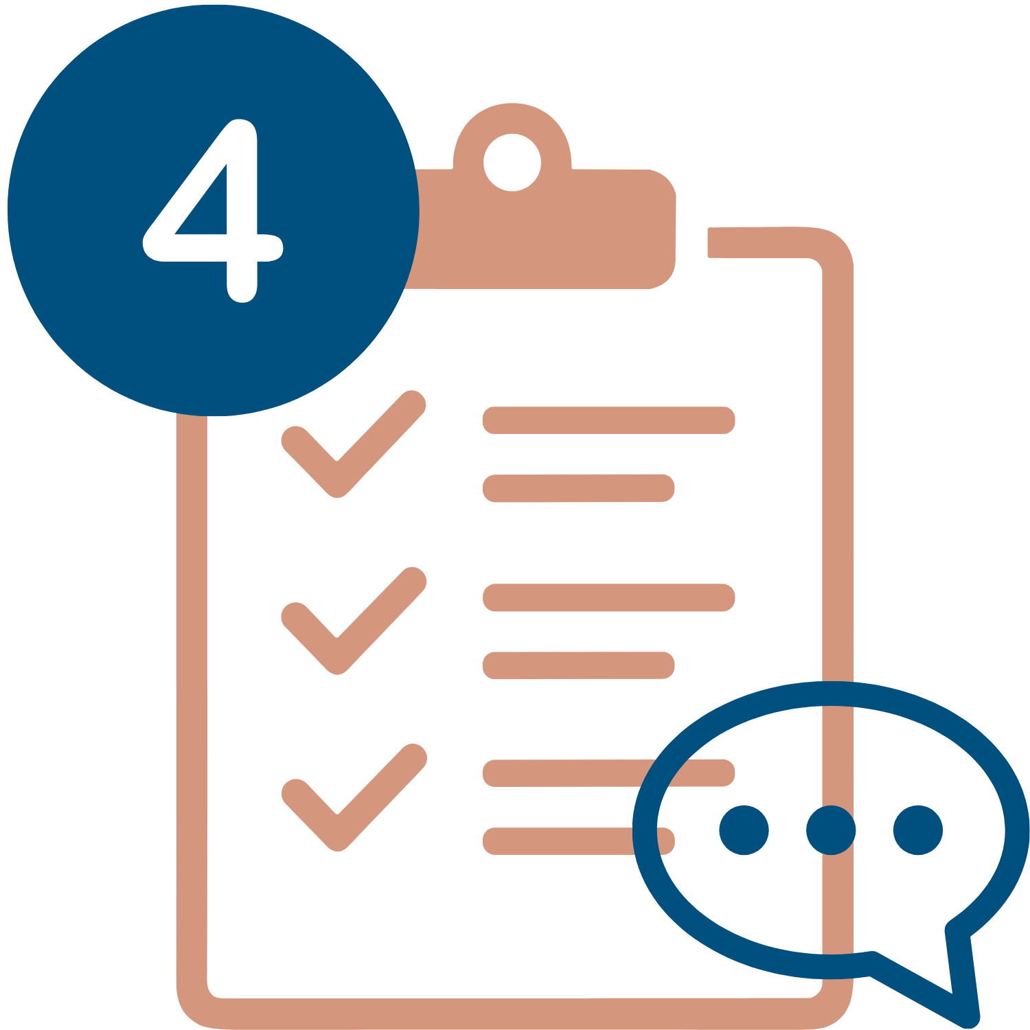 Illustration of a checklist on a clipboard with a speech bubble containing a user icon, and a large blue circle with the number 4 inside.