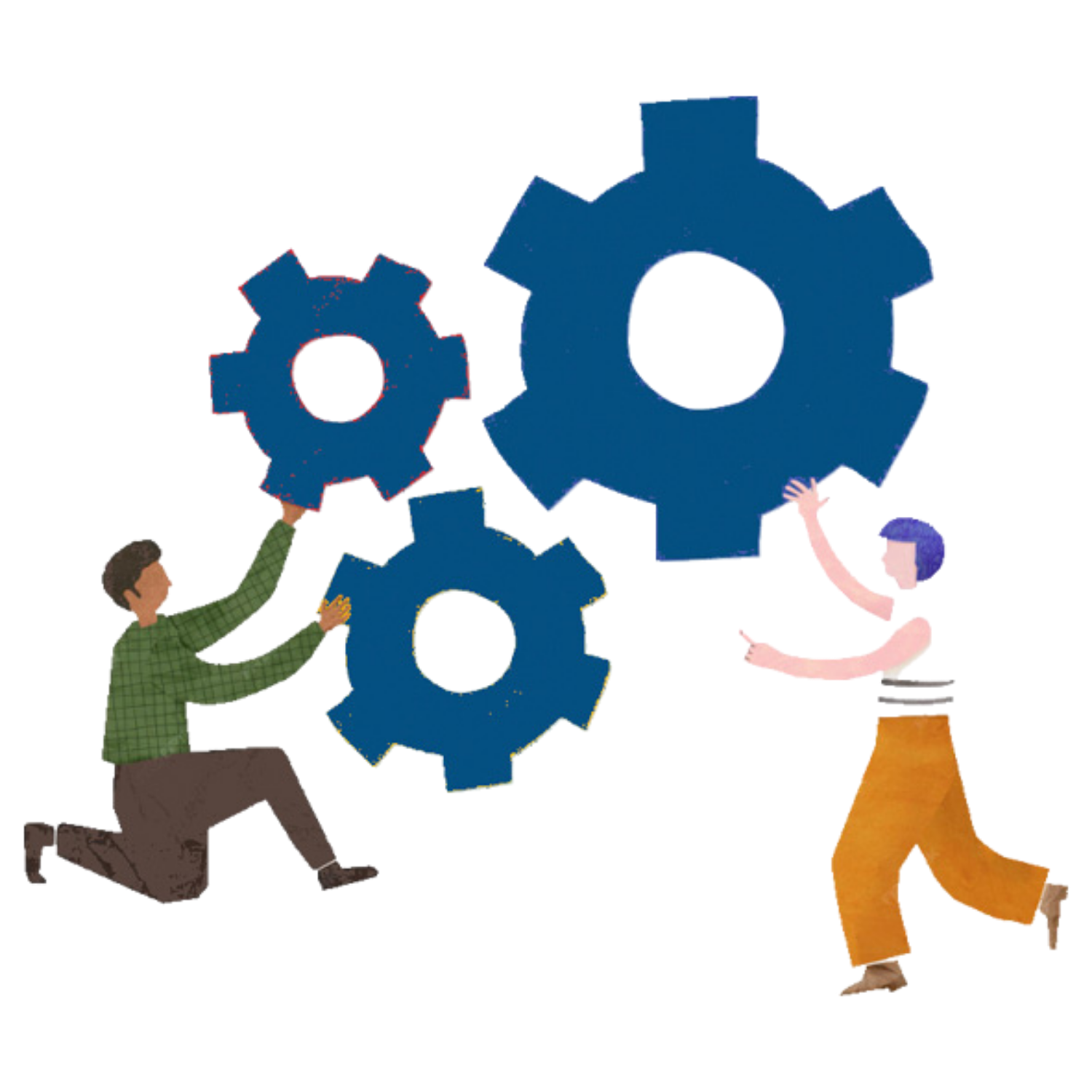 Two animated characters, a man kneeling and a woman standing, are working together to assemble or adjust four large blue gears.