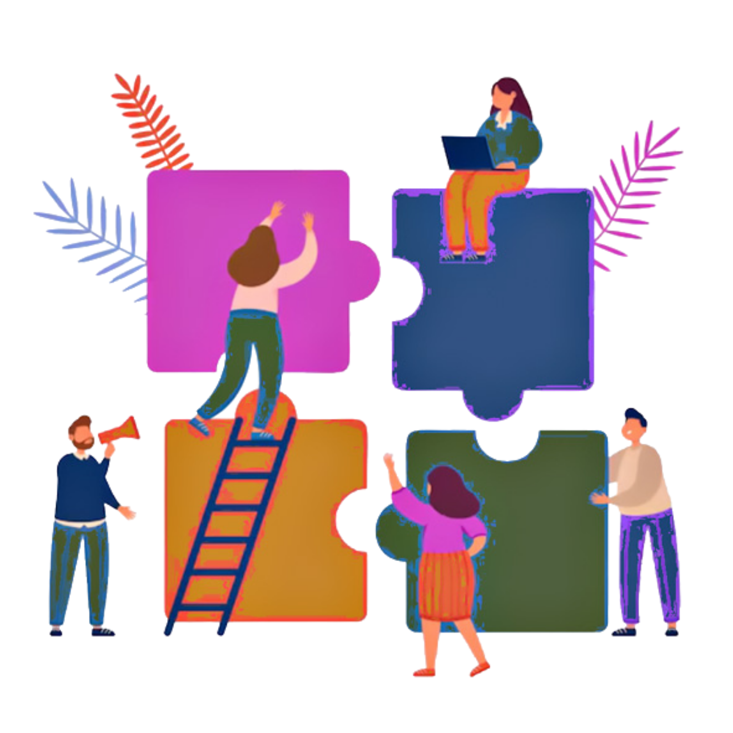 Illustration of five diverse people collaborating to assemble colorful puzzle pieces representing teamwork and problem-solving.
