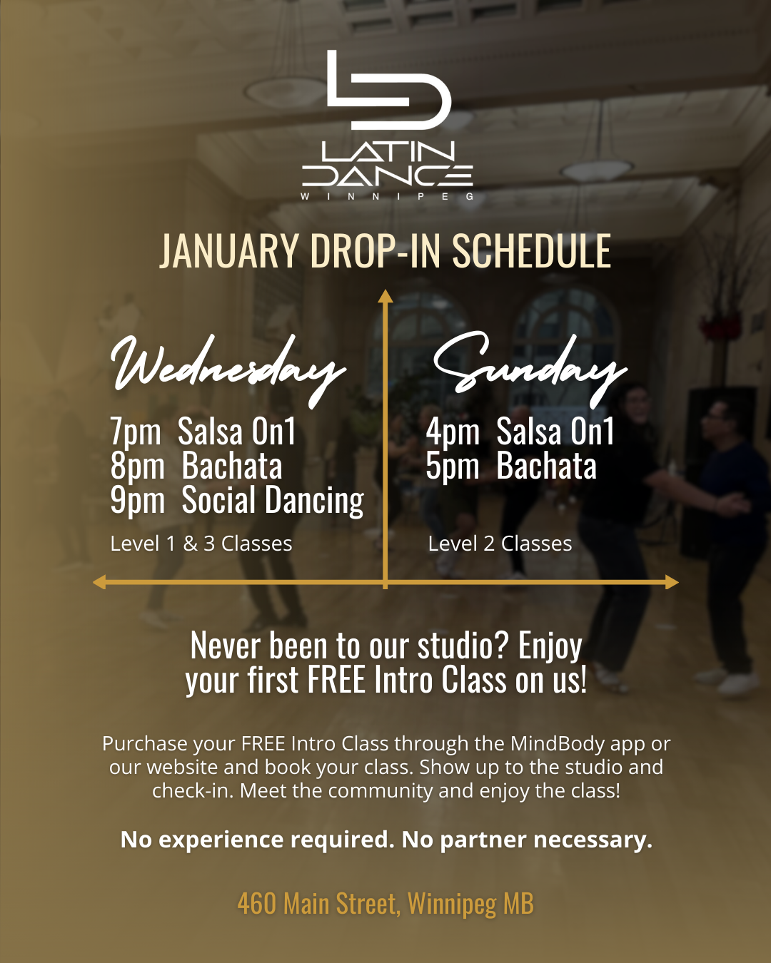 Poster announcing Latin Dance Winnipeg's January drop-in schedule with classes on Wednesday at 7pm salsa, 8pm bachata, 9pm social dance, and Sunday at 4pm salsa, 5pm bachata, at 460 Main Street, Winnipeg MB. Highlights include free intro class, no ex