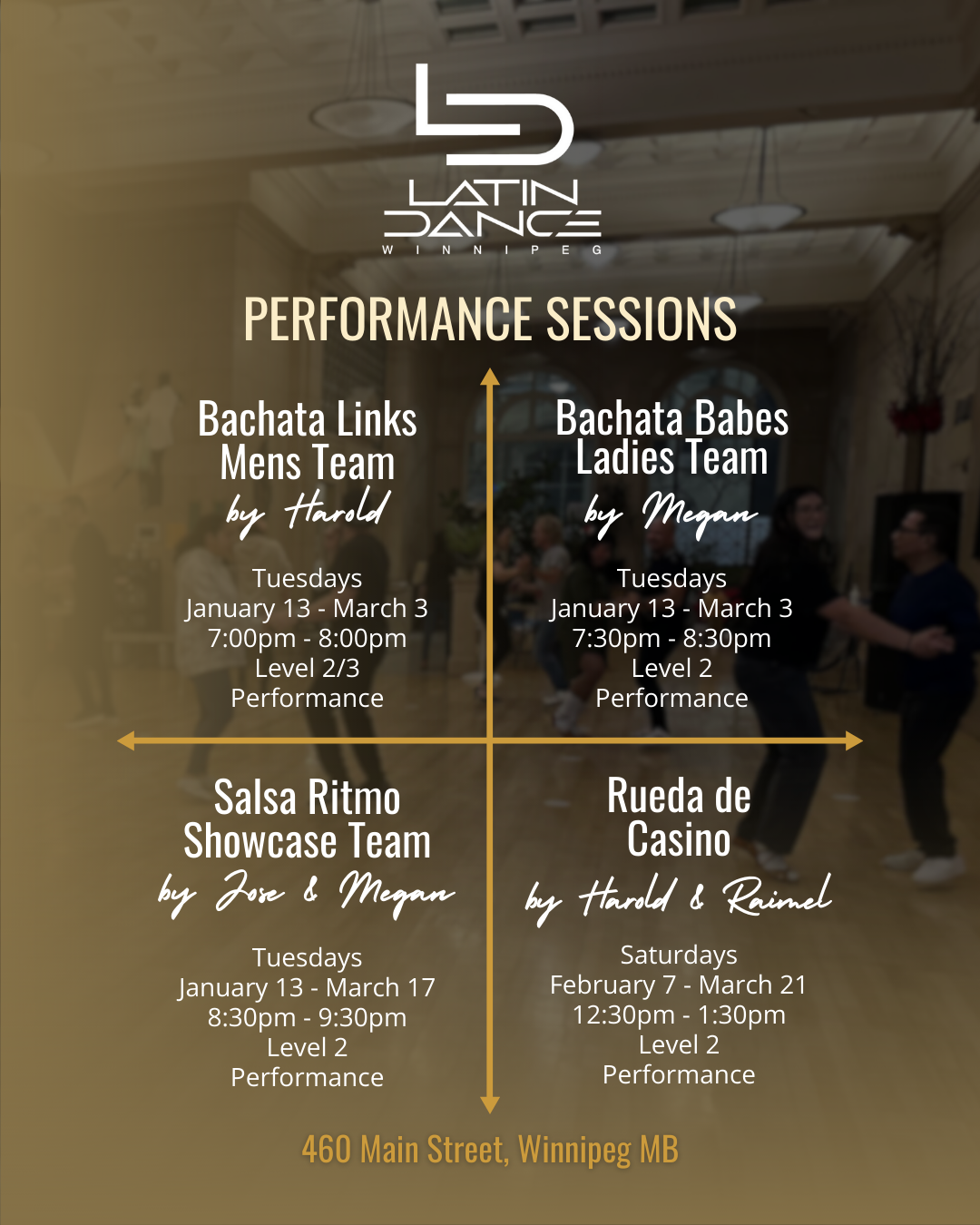 Performance schedule poster for Latin Dance in Winnipeg. It lists four dance teams and their classes: Bachata Links Men’s Team taught by Harold on Tuesdays from January 13 to March 3, 7:00 to 8:00 pm, Level 2/3; Bachata Babes Ladies Team taught by Me