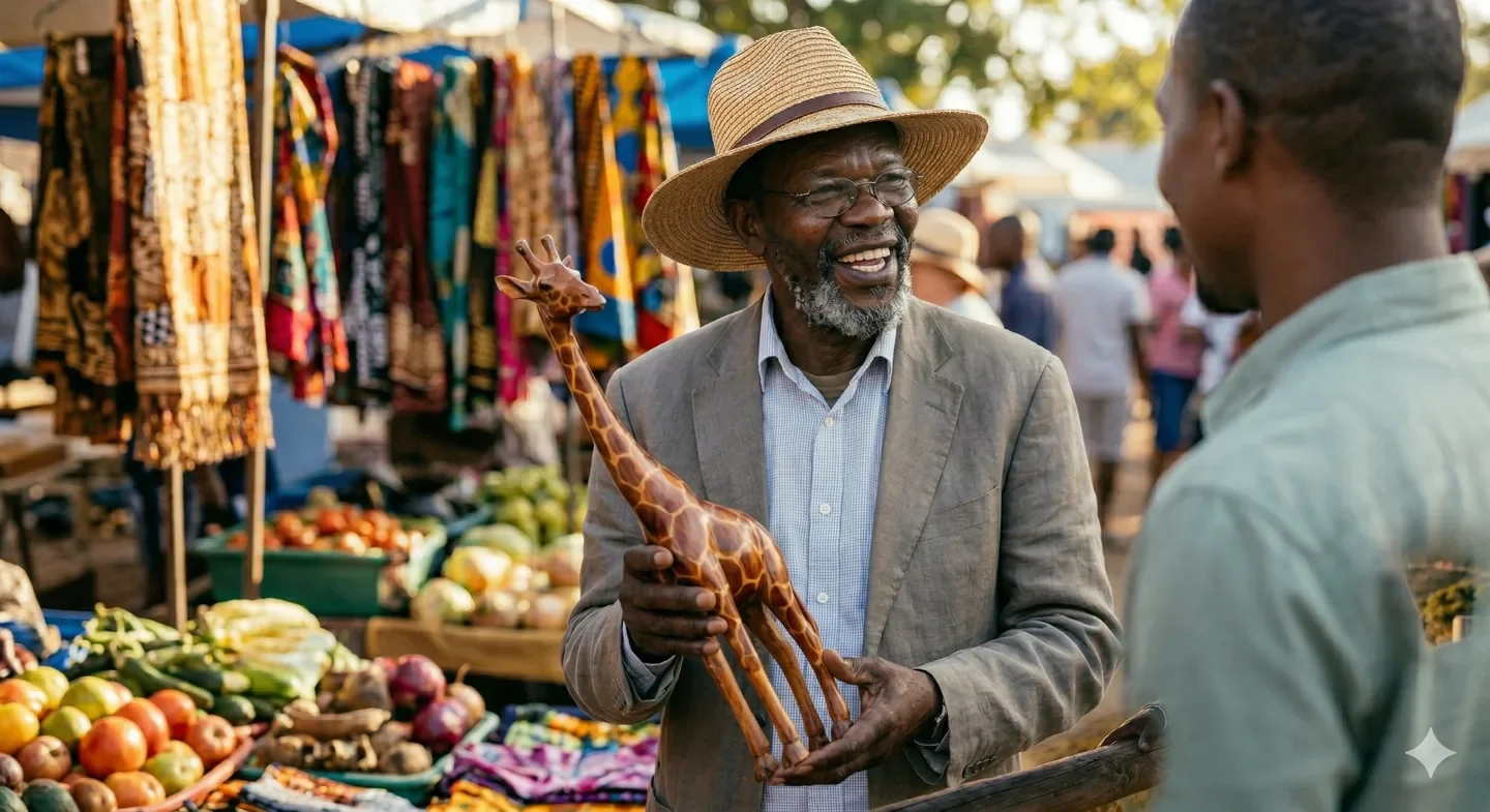 A man with glasses, a beard, and a straw hat is smiling while holding a carved wooden giraffe at an outdoor market. There are colorful clothes and fruits displayed in the background, with other people browsing.