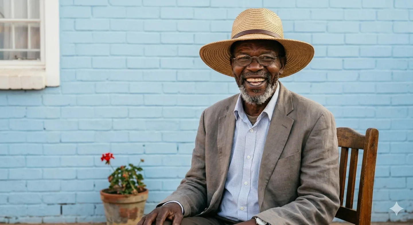 An elderly man with glasses, gray beard, and a straw hat sitting on a wooden chair outside against a light blue brick wall, smiling.