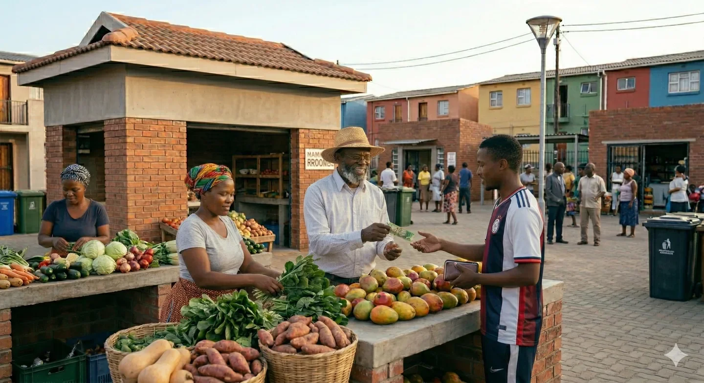A street market scene with vendors selling fresh vegetables and fruits, including cabbages, potatoes, mangoes, and tomatoes, while a man buys produce from a vendor. Other shoppers and market activities are visible in the background.