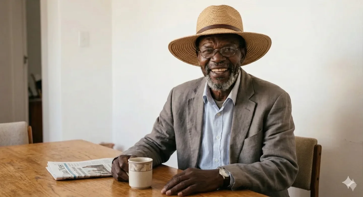 An elderly man with glasses, gray beard, wearing a wide-brimmed straw hat and a gray blazer, sitting at a wooden table with a newspaper and a coffee mug, smiling.