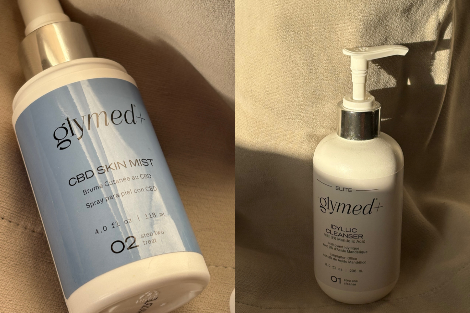 Two bottles of skincare products on a beige surface. The left bottle is labeled 'glymed+ CBD Skin Mist,' containing CBD mist for skin, with a silver lid. The right bottle is labeled 'glymed+ ELITE IDYLLIC CLEANSER,' with a pump dispenser and a silver collar, containing an cleansing product.