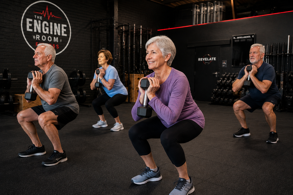Four members over 60 squatting with dumbbells held at the shoulders in the gym at The Engine Room Fitness, Ballincollig.