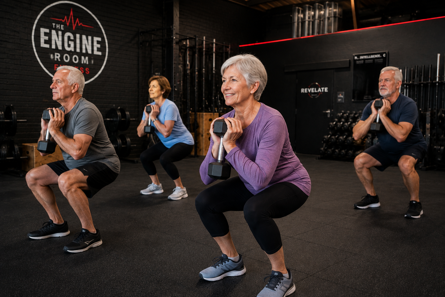 Four members over 60 squatting with dumbbells held at the shoulders in the gym at The Engine Room Fitness, Ballincollig.